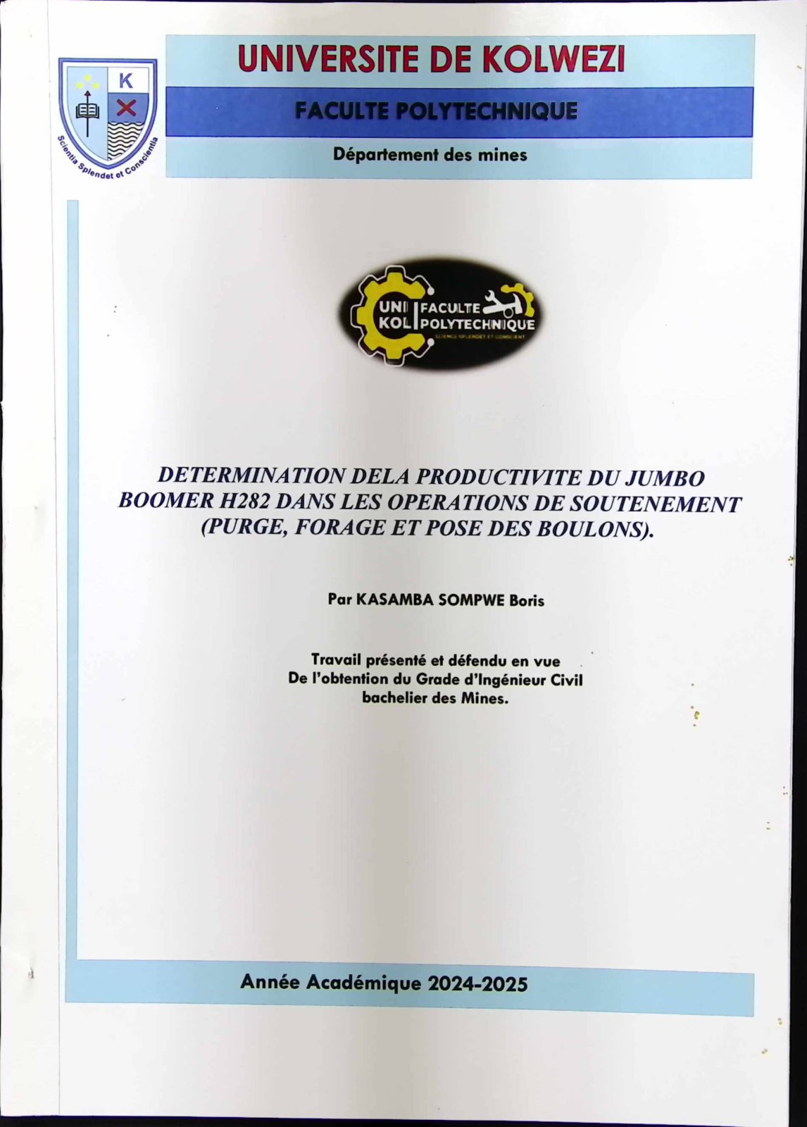 First page of DETERMINATION DE LA PRODUCTIVITE DU JUMBO BOOMER H282 DANS LES OPERATIONS DE SOUTENEMENT (PURGE, FORAGE ET POSE DES BOULONS).