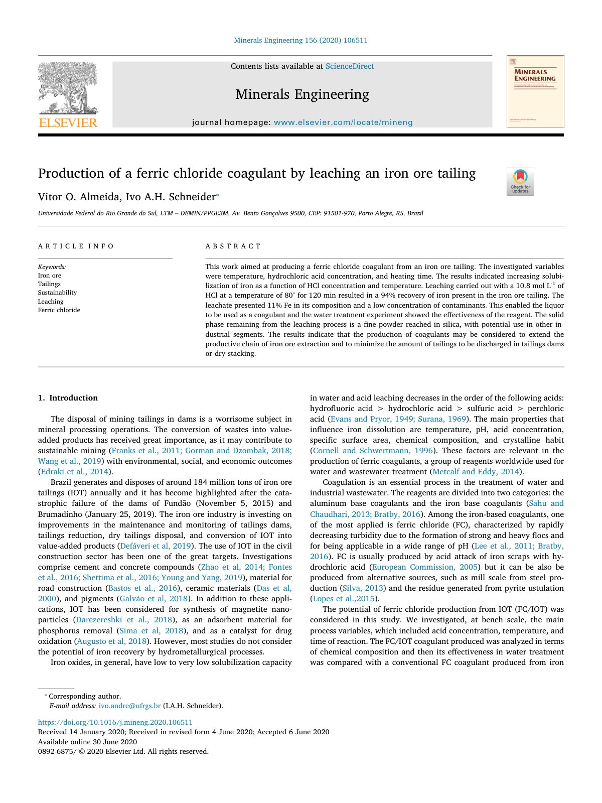 First page of Production of a ferric chloride coagulant by leaching an iron ore tailing