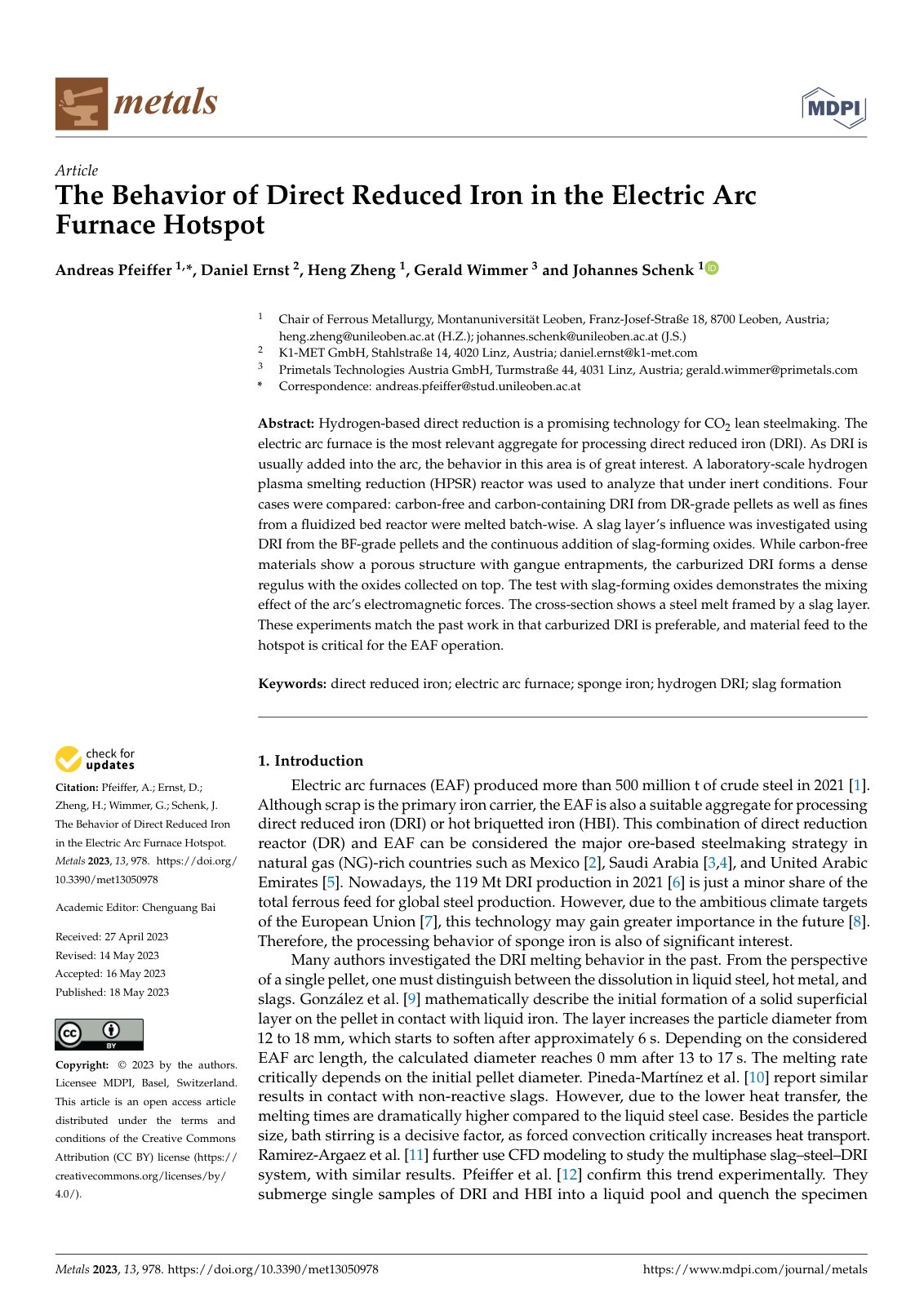 First page of The Behavior of Direct Reduced Iron in the Electric Arc Furnace Hotspot