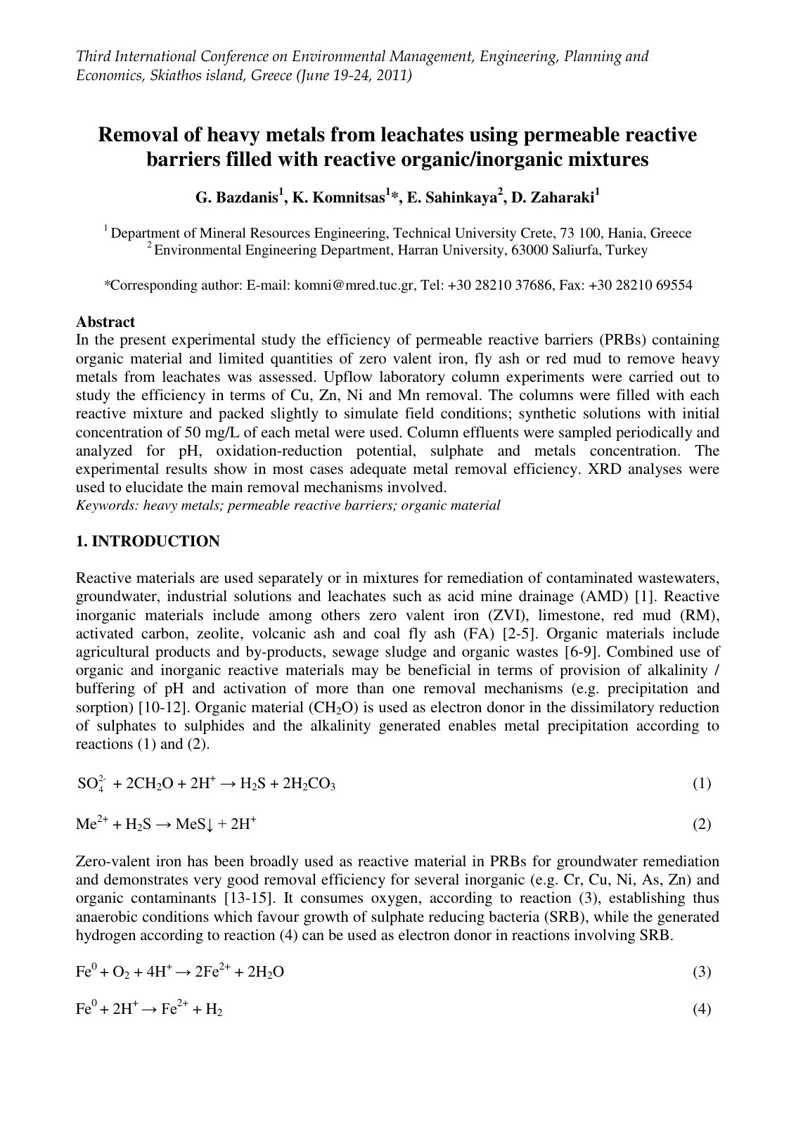 First page of Removal of heavy metals from leachates using permeable reactive barriers filled with reactive organic/inorganic mixtures