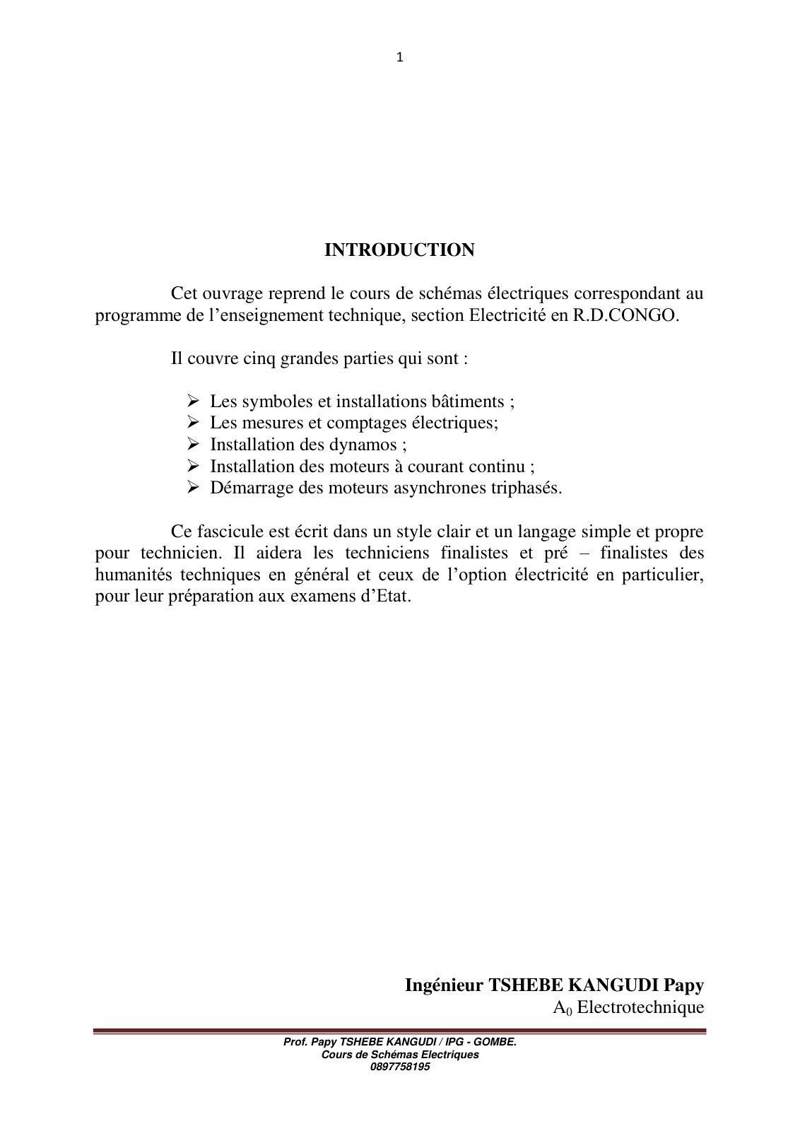 First page of COURS DE SCHEMAS ELECTRIQUES 5e ELECT