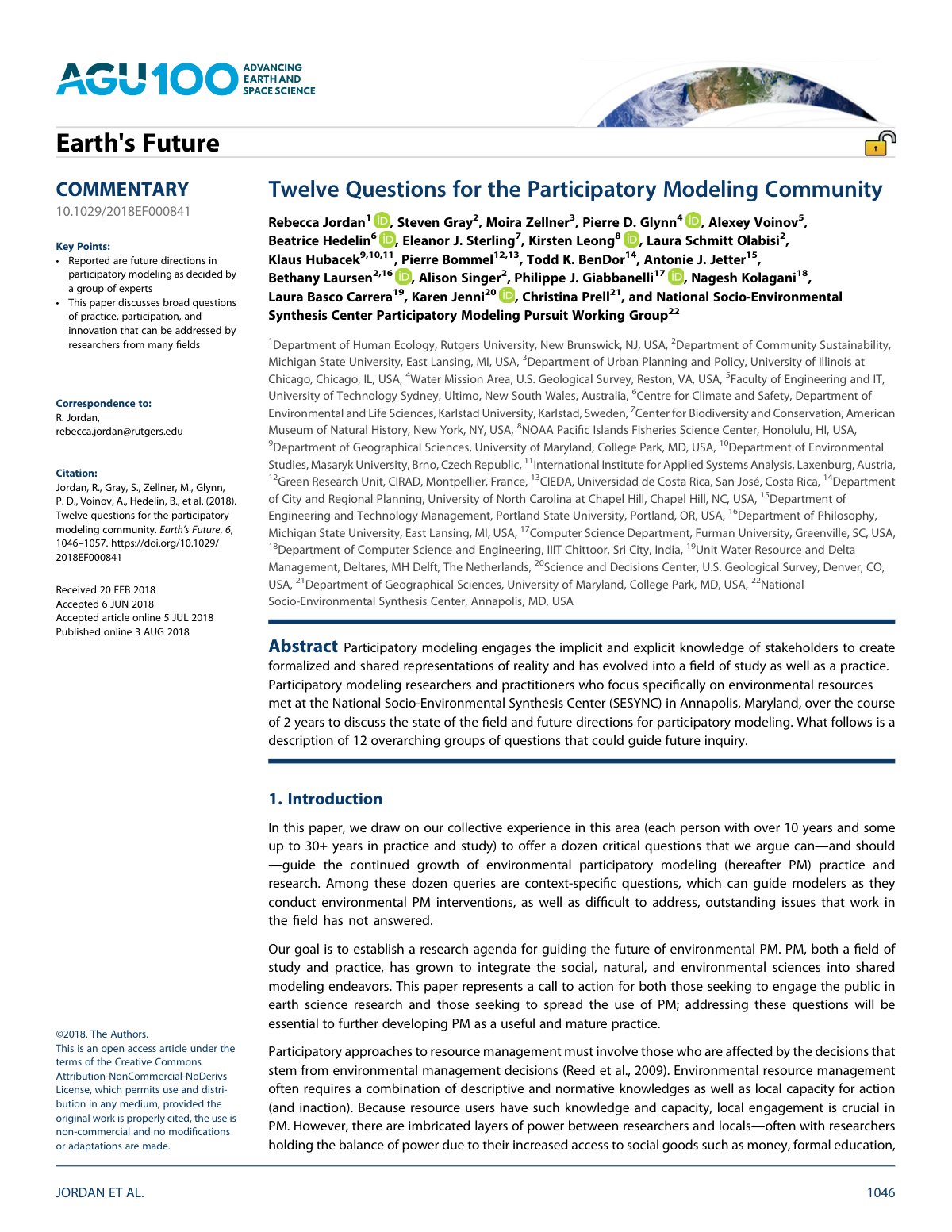 First page of Twelve Questions for the Participatory Modeling Community