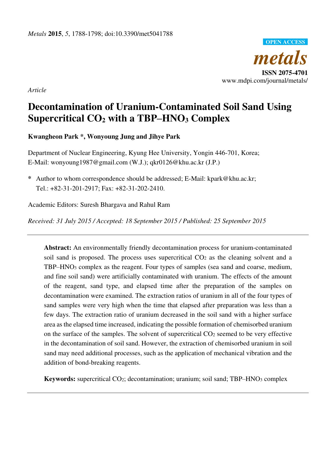 First page of Decontamination of Uranium-Contaminated Soil Sand Using Supercritical CO2 with a TBP–HNO3 Complex