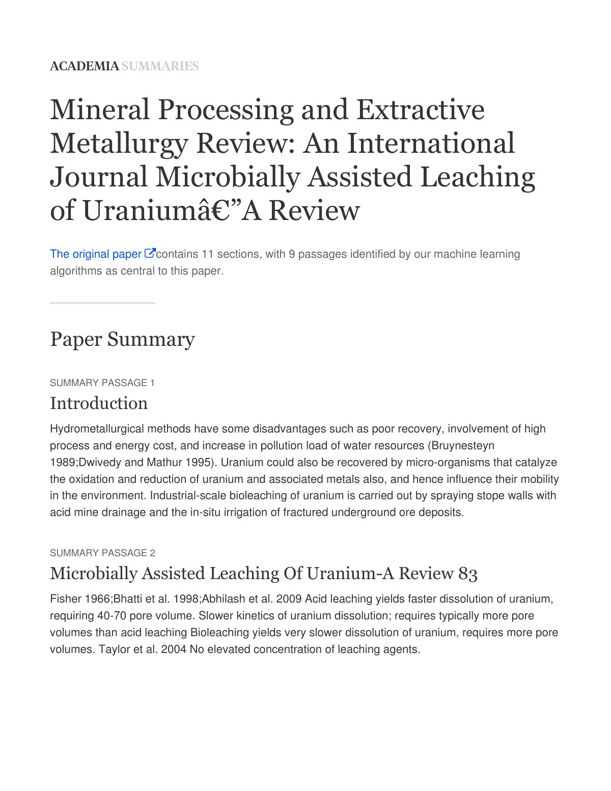First page of Academia Summary — Mineral Processing and Extractive Metallurgy Review  An International Journal Microbially Assisted Leaching of Uranium—A Review