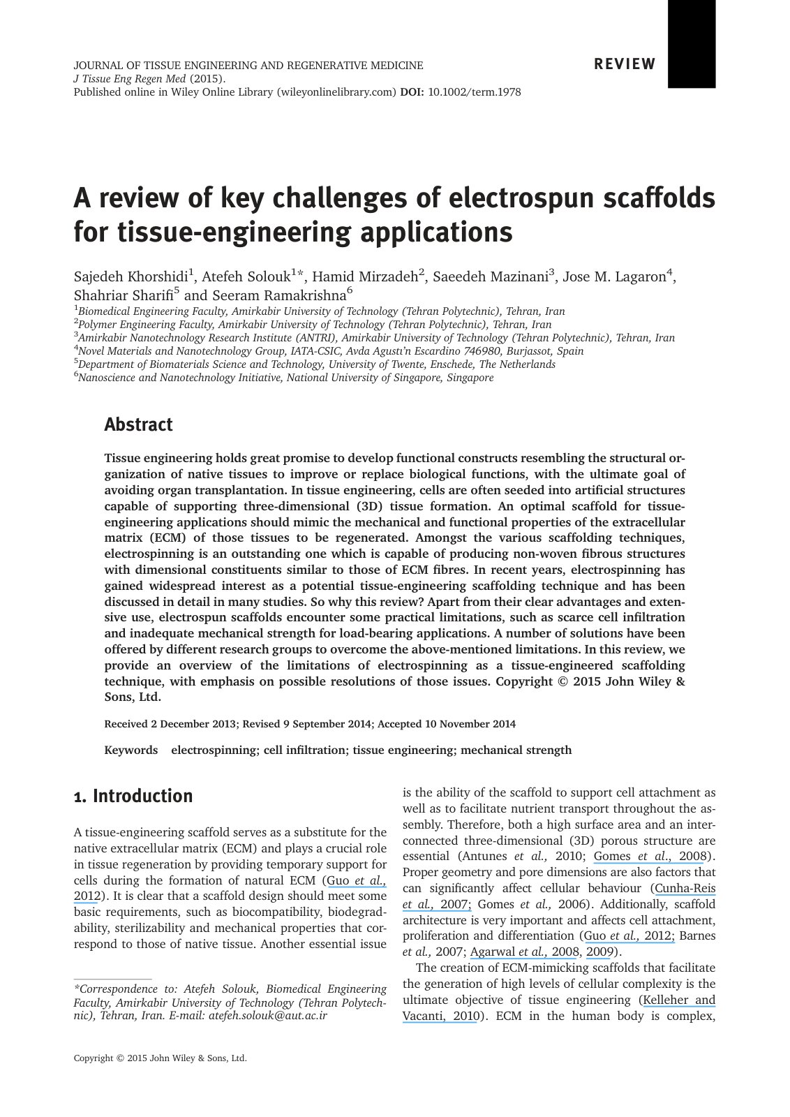 First page of A review of key challenges of electrospun scaffolds for tissue-engineering applications