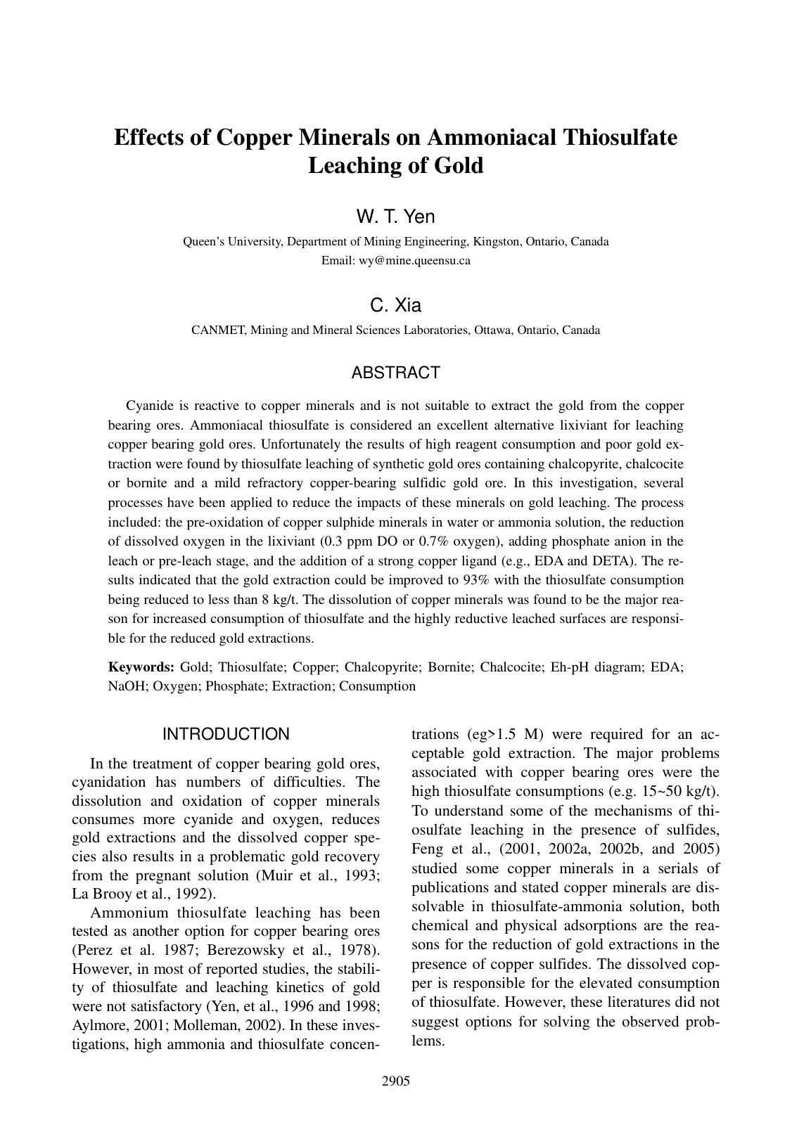 First page of Effects of Copper Minerals on Ammoniacal Thiosulfate Leaching of Gold