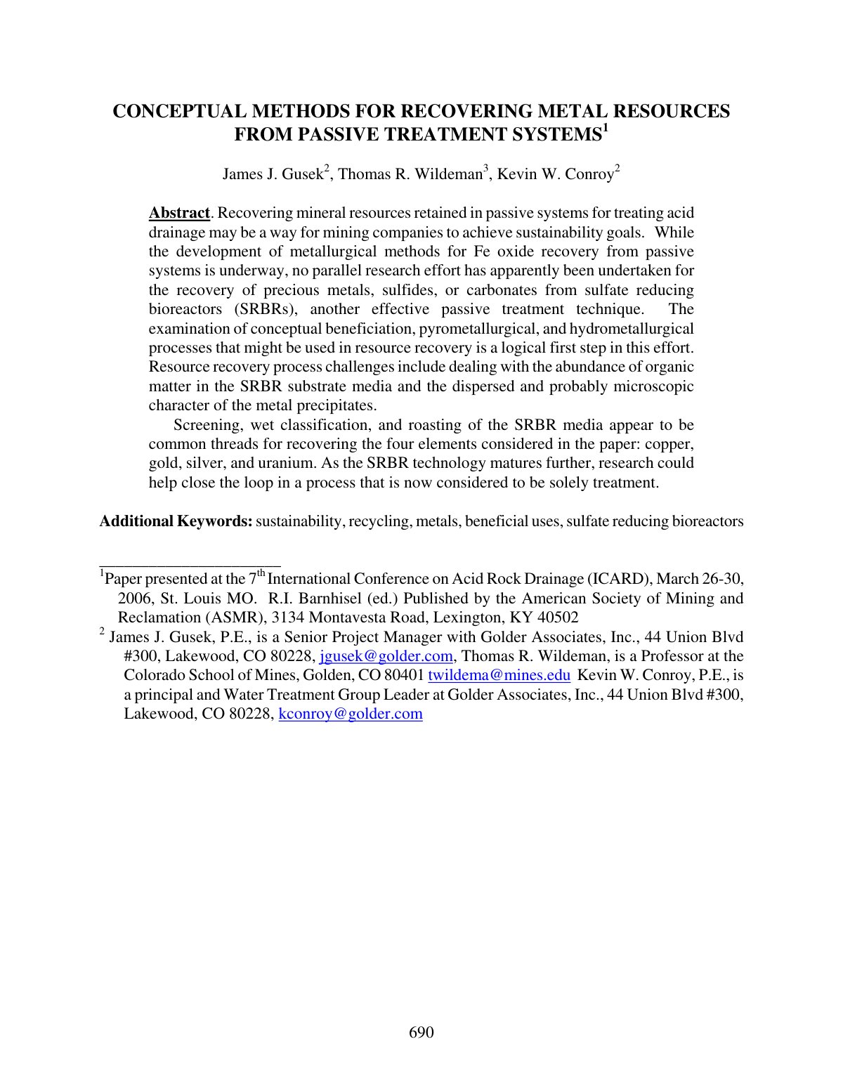 First page of CONCEPTUAL METHODS FOR RECOVERING METAL RESOURCES FROM PASSIVE TREATMENT SYSTEMS