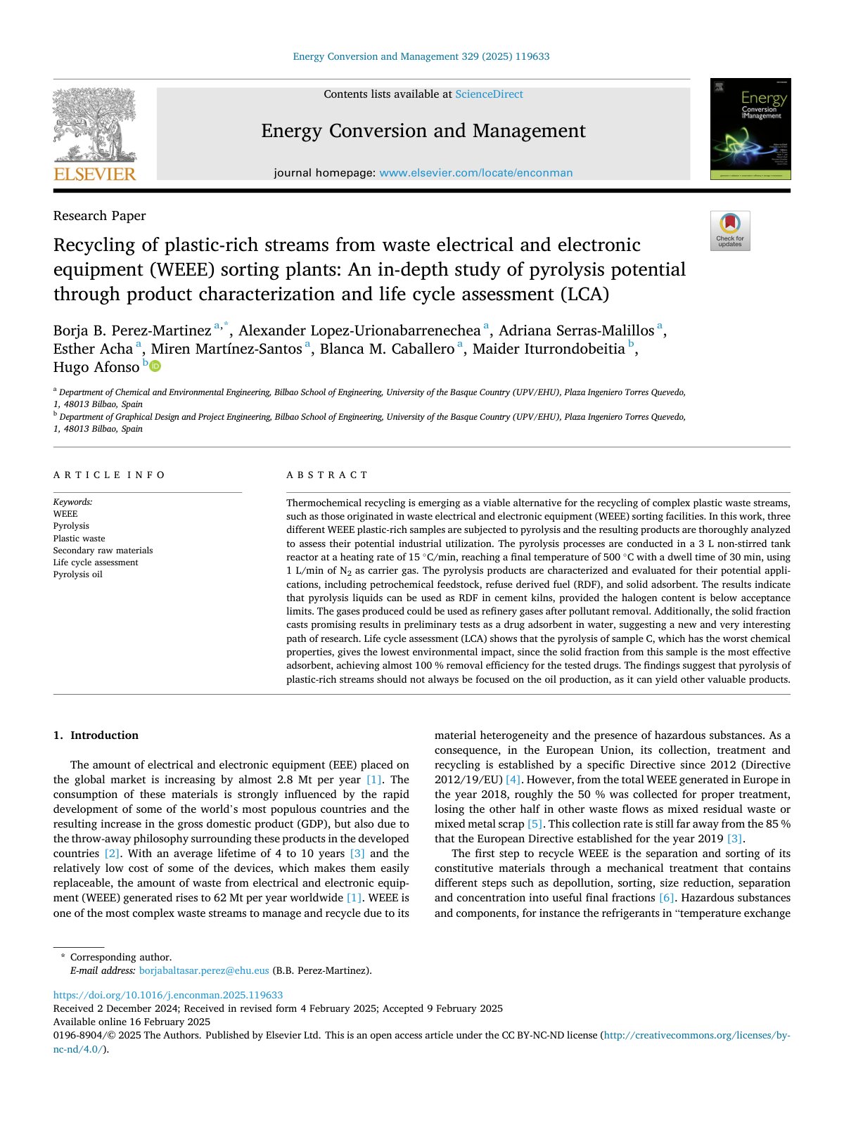 First page of Recycling of plastic rich streams from waste electrical and e 2025 Energy Co