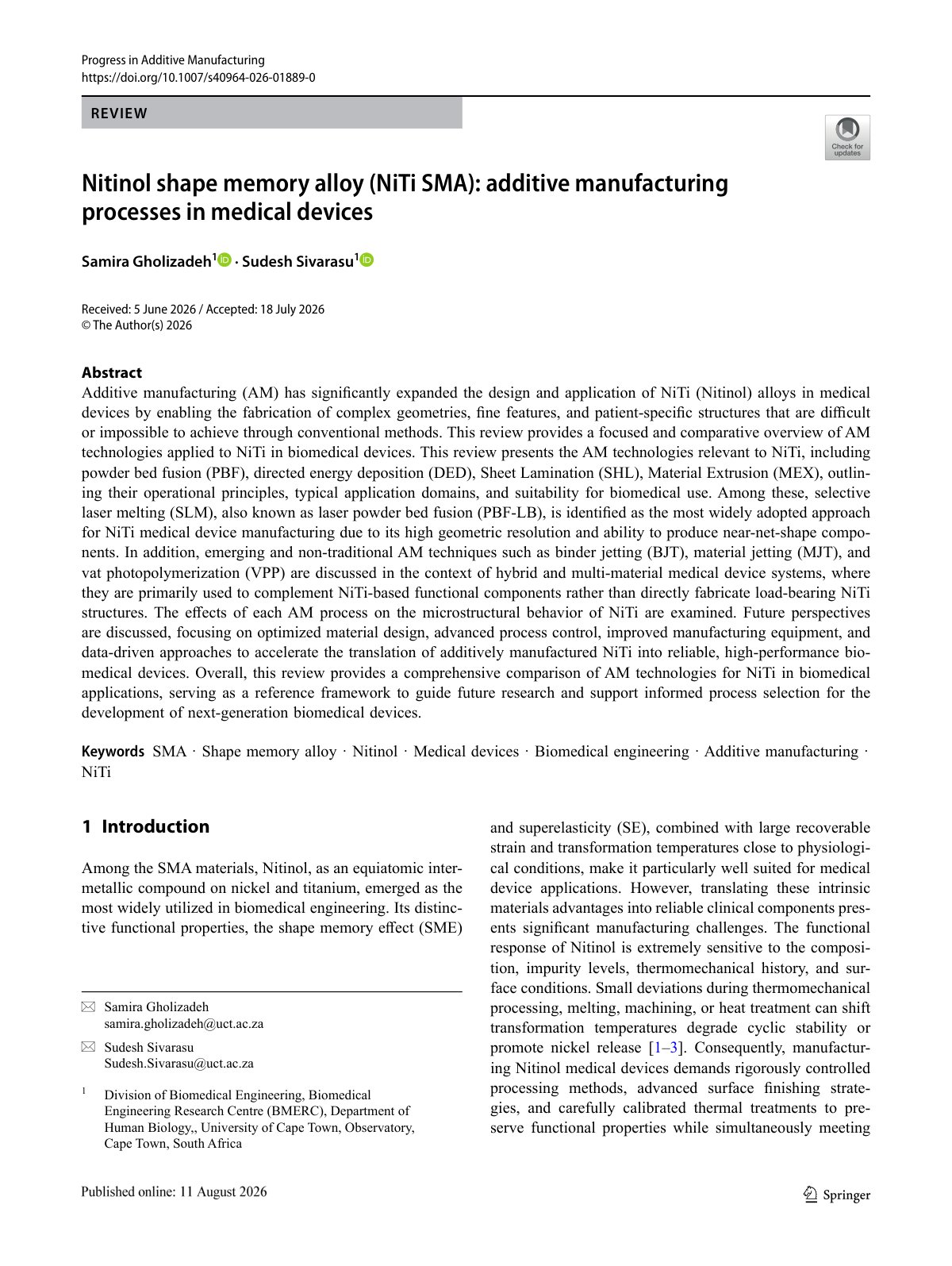 First page of 02 Nitinol Additive Manufacturing Review
