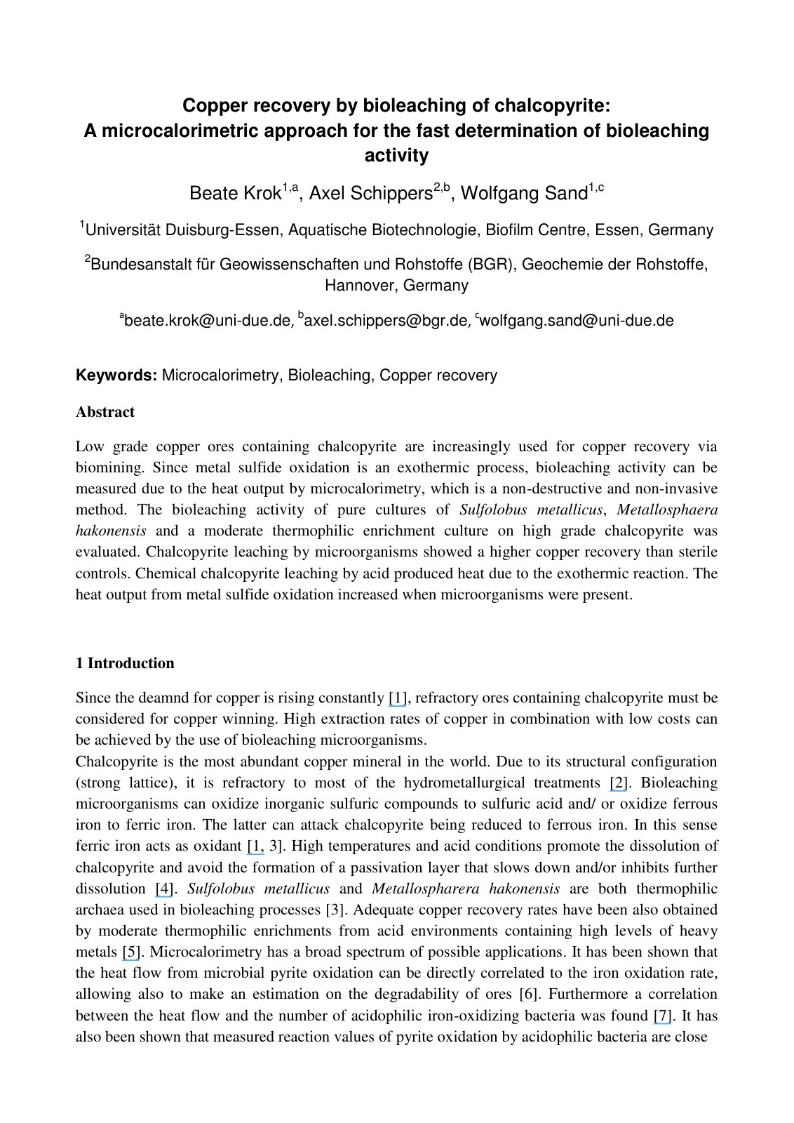 First page of Copper Recovery by Bioleaching of Chalco