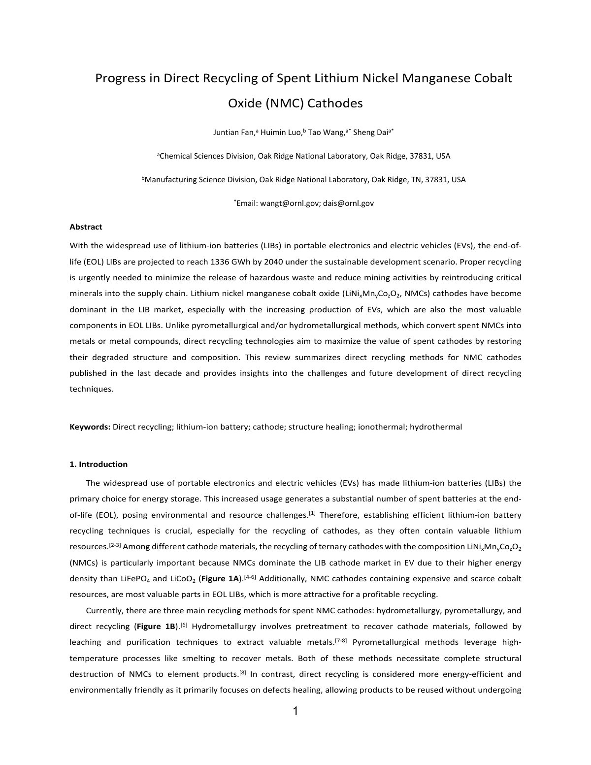 First page of Progress in Direct Recycling of Spent Lithium Nickel Manganese Cobalt Oxide (NMC) Cathodes