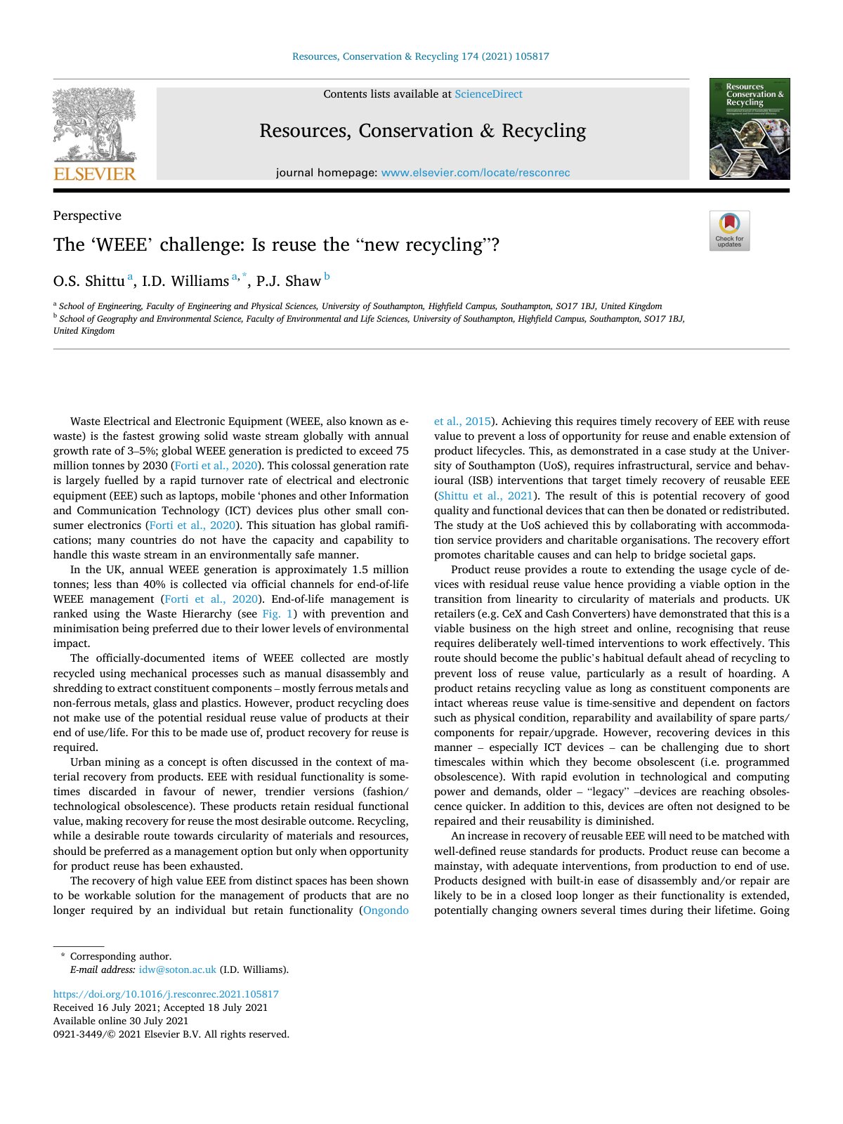 First page of The  WEEE  challenge  Is reuse the  new r 2021 Resources  Conservation and R