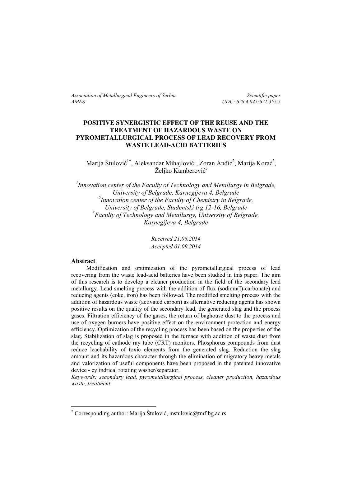 First page of POSITIVE SYNERGISTIC EFFECT OF THE REUSE AND THE TREATMENT OF HAZARDOUS WASTE ON PYROMETALLURGICAL PROCESS OF LEAD RECOVERY FROM WASTE LEAD-ACID BATTERIES