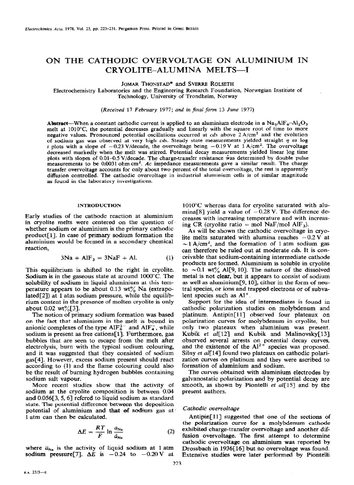 First page of On the cathodic overvoltage on aluminium
