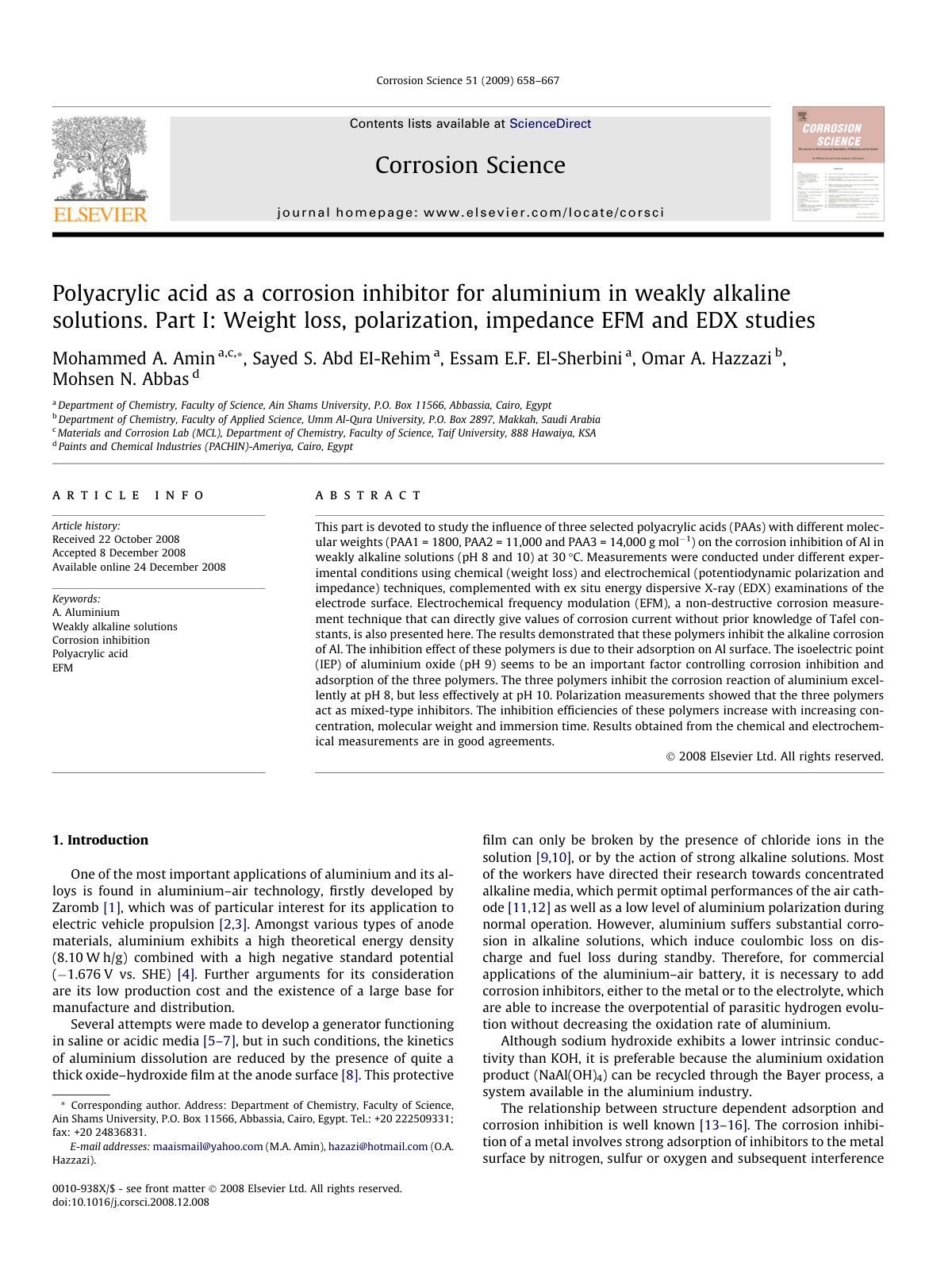 First page of Polyacrylic acid as a corrosion inhibitor for aluminium in weakly alkaline solutions. Part I: Weight loss, polarization, impedance EFM and EDX studies