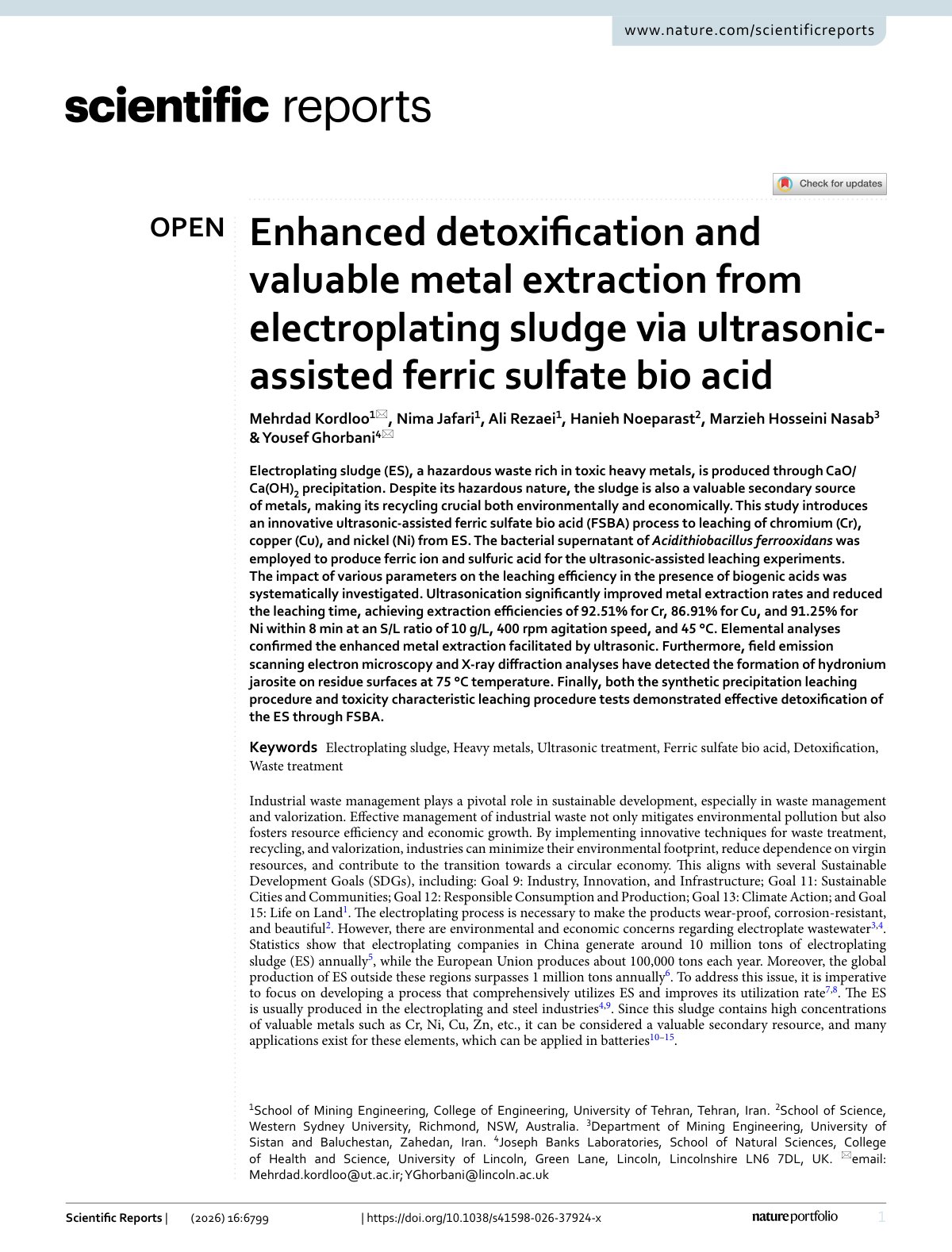 First page of Enhanced detoxification and valuable metal extraction from electroplating sludge via ultrasonic-assisted ferric sulfate bio acid