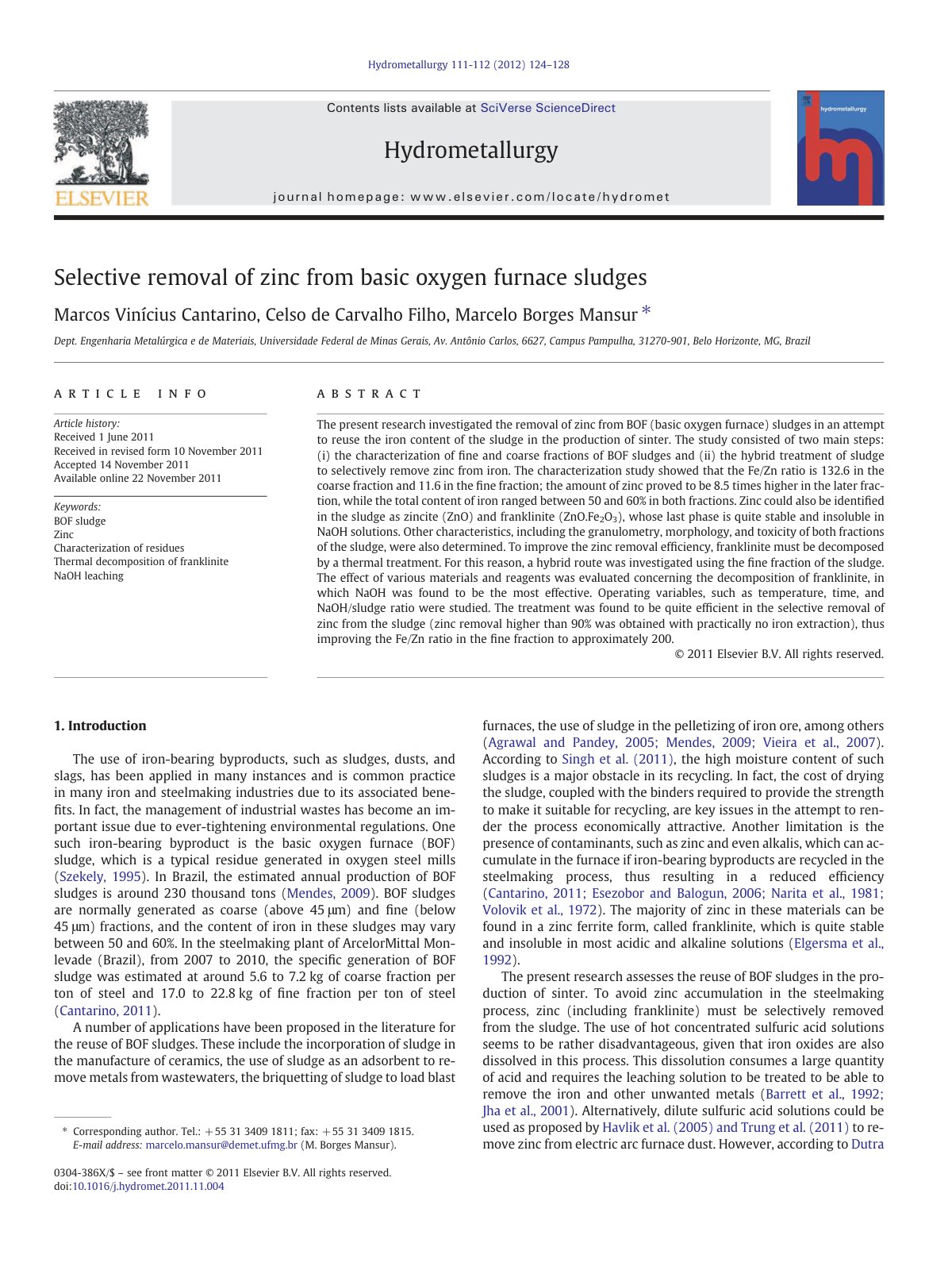 First page of Selective removal of zinc from basic oxygen furnace sludges