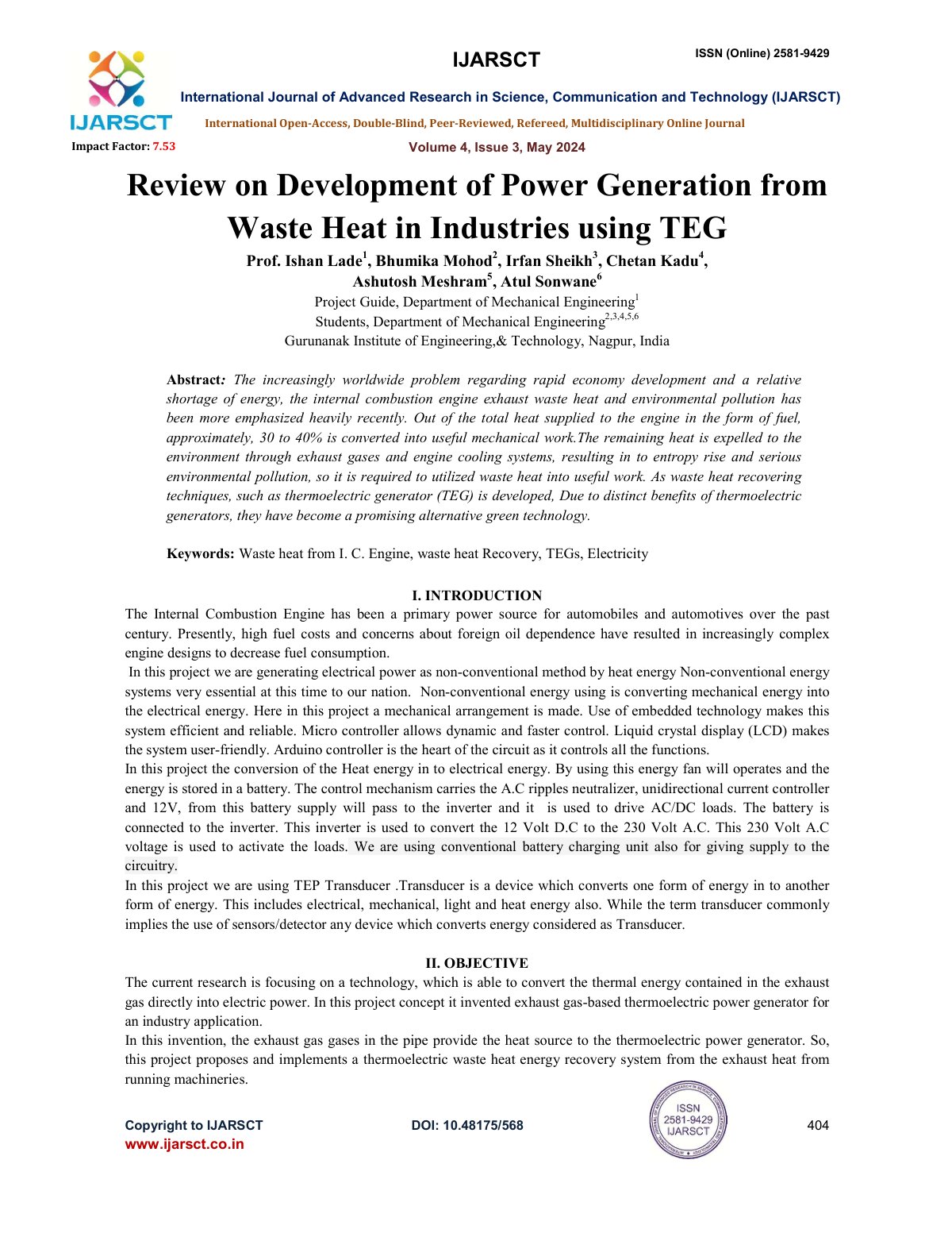 First page of Review on Development of Power Generation from Waste Heat in Industries using TEG