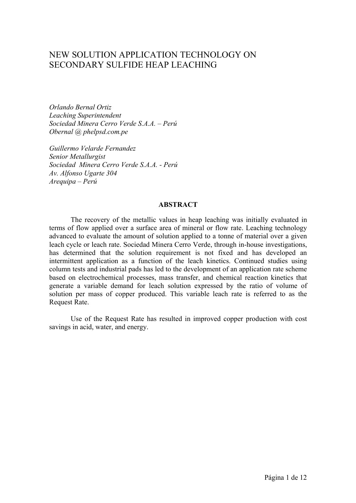 First page of Nueva Tecnologia de Lixiviacion de Miner