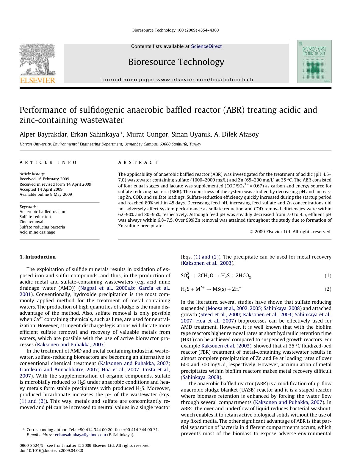 First page of Performance of sulﬁdogenic anaerobic bafﬂed reactor (ABR) treating acidic and zinc-containing wastewater