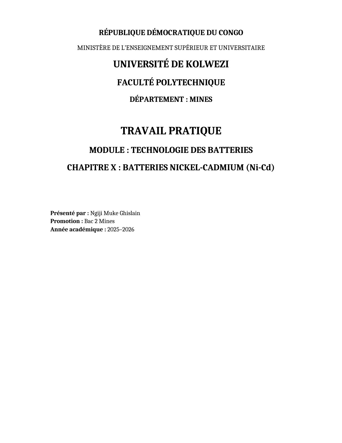 First page of TRAVAIL PRATIQUE MODULE : TECHNOLOGIE DES BATTERIES CHAPITRE X : BATTERIES NICKEL-CADMIUM (Ni-Cd)
