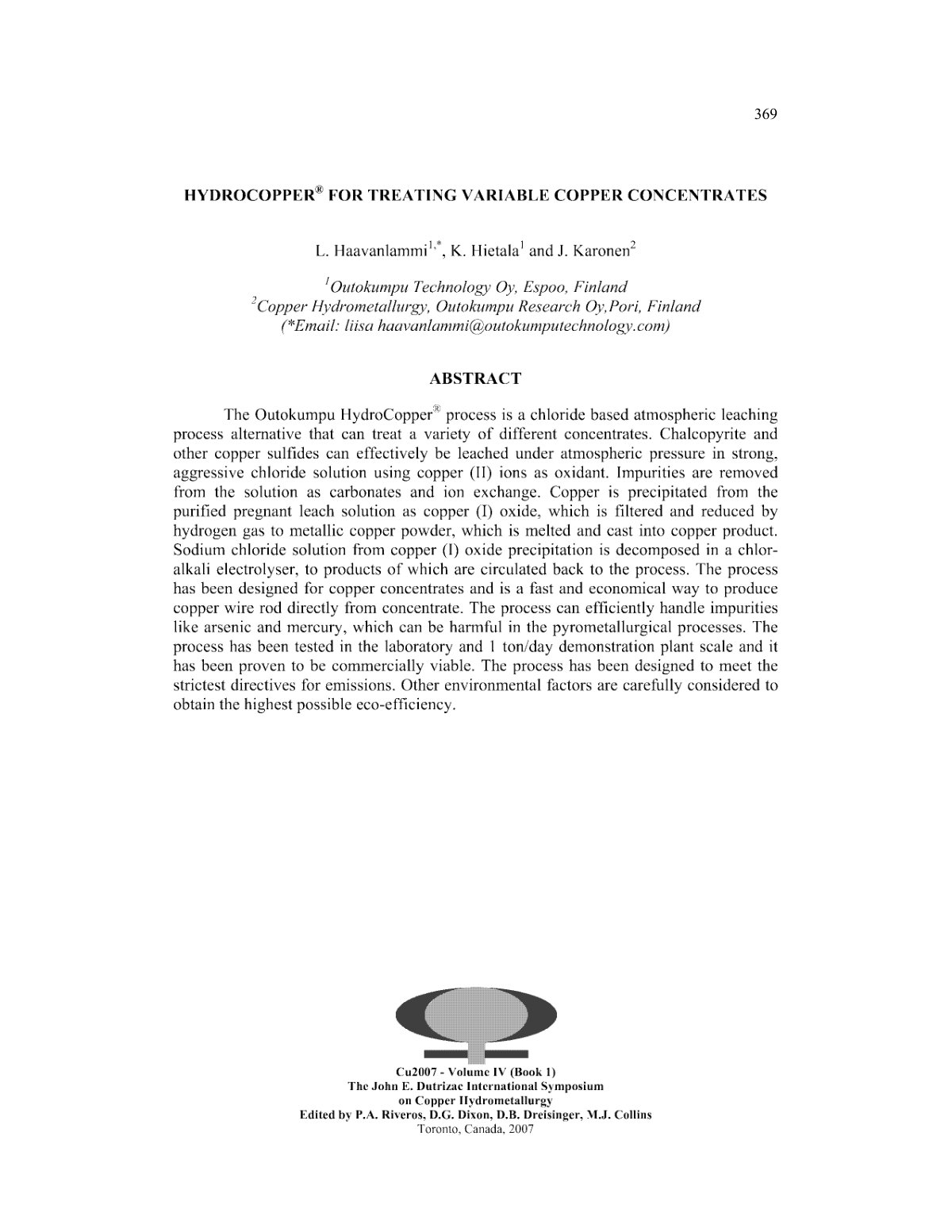 First page of HYDROCOPPER® FOR TREATING VARIABLE COPPER CONCENTRATES