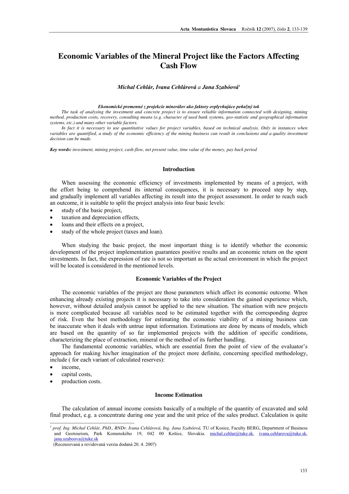 First page of Economic Variables of the Mineral Projec