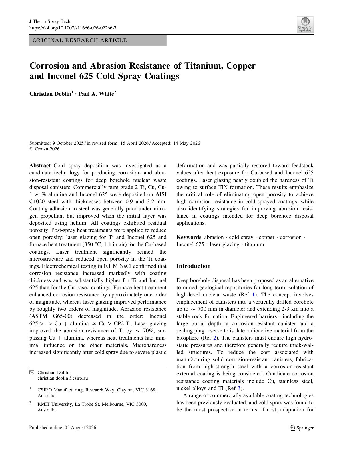 First page of 2026 Doblin Cold Spray Coating Resistance