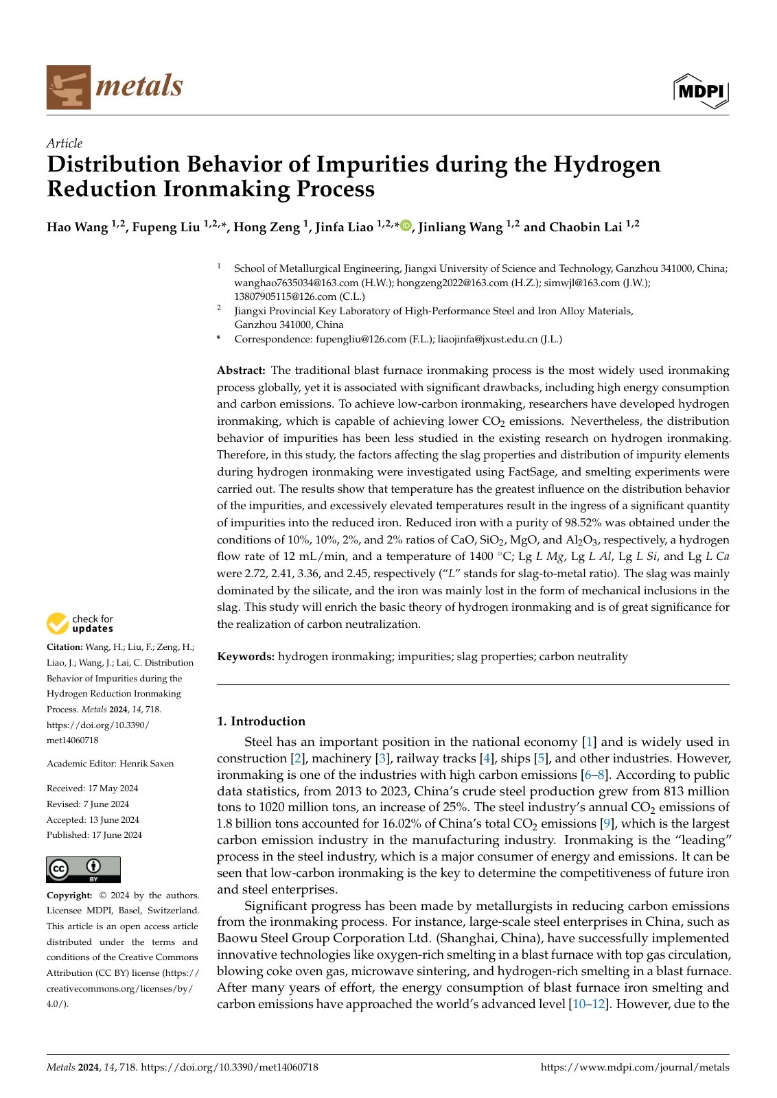 First page of Distribution Behavior of Impurities during the Hydrogen Reduction Ironmaking Process