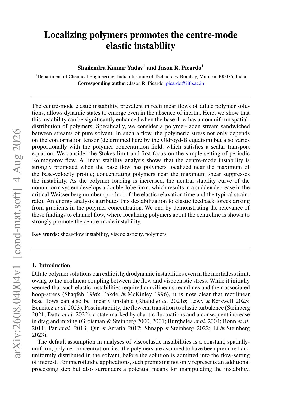 First page of 2026 Yadav Polymer Elastic Instability