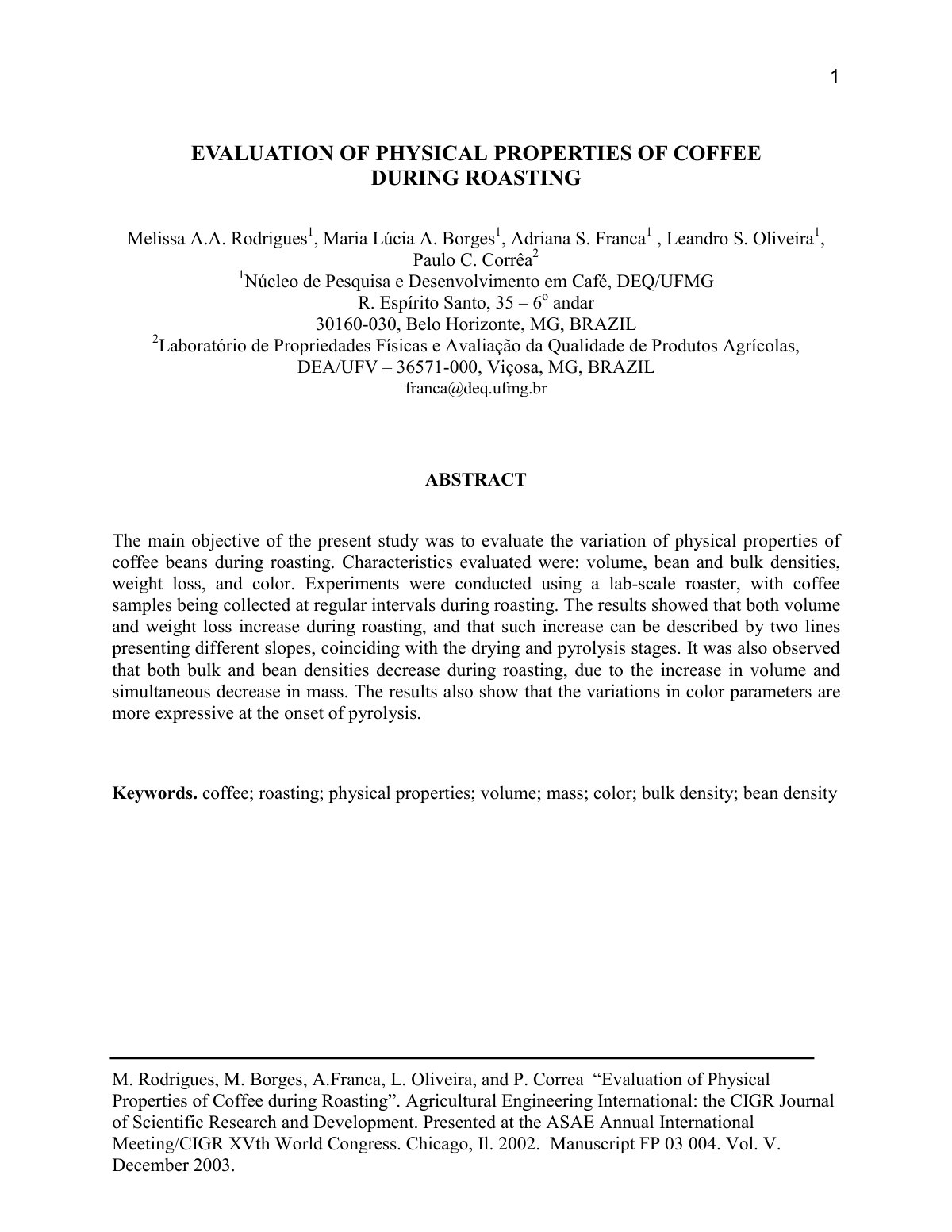 First page of Evaluation of Physical Properties of Coffee during Roasting