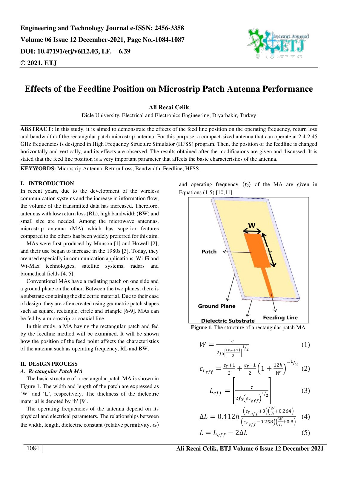 First page of Effects of the Feedline Position on Microstrip Patch Antenna Performance