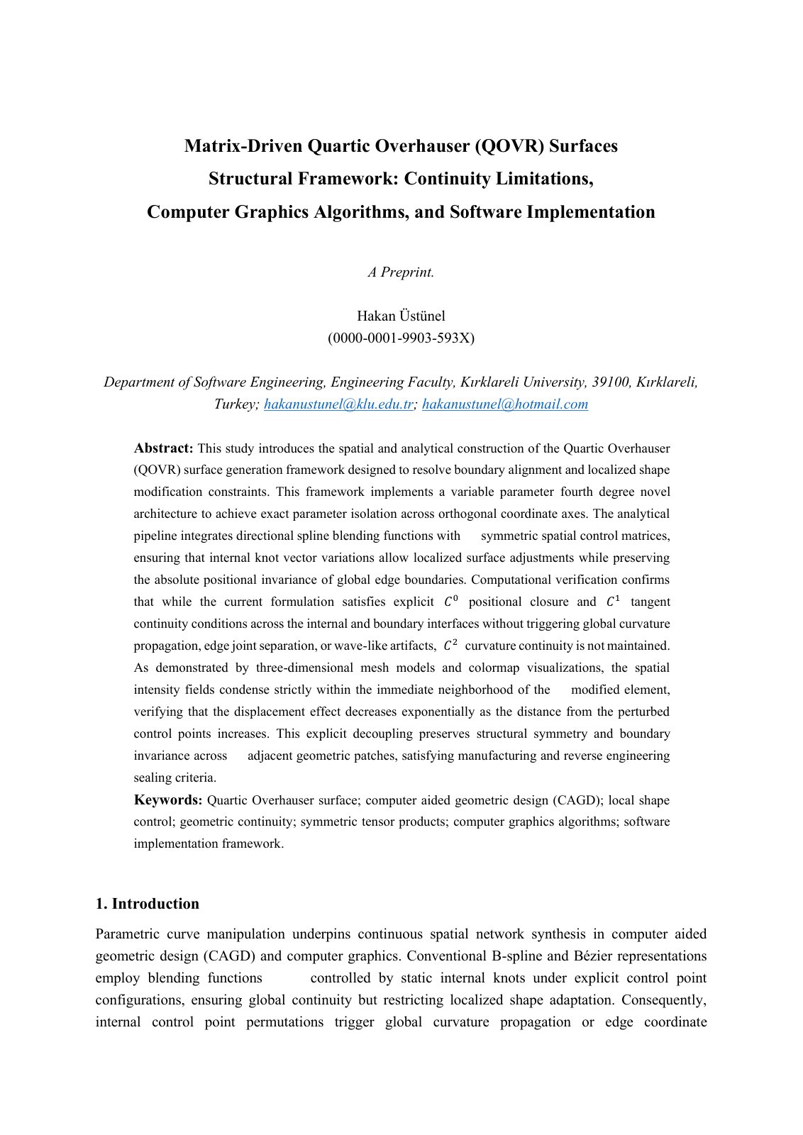 First page of 2026 Ustunel QOVR CAGD Surfaces