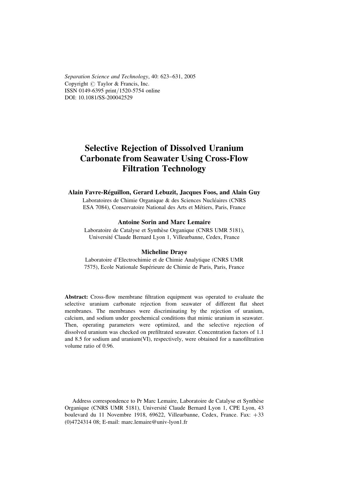 First page of Selective Rejection of Dissolved Uranium