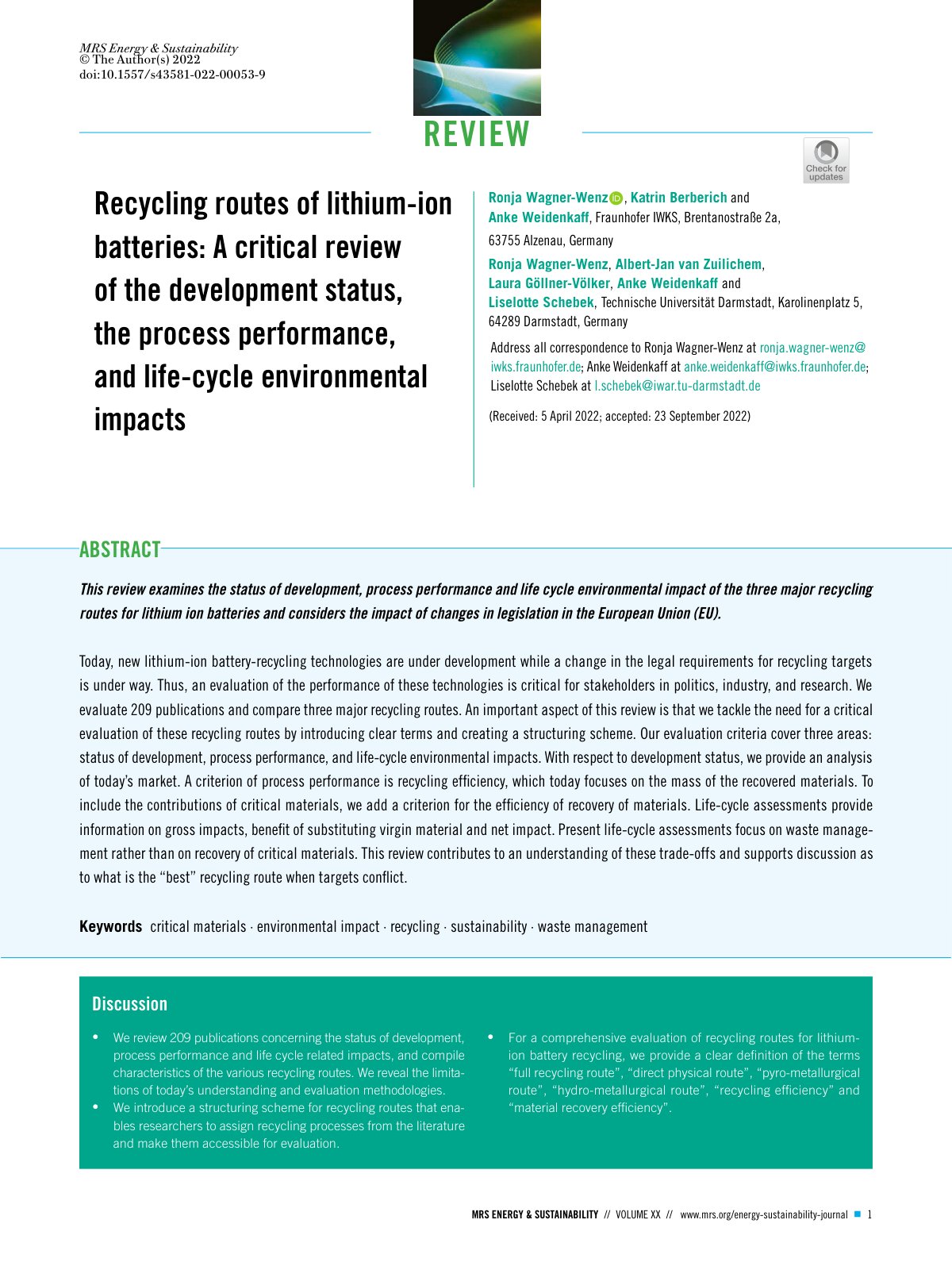First page of Recycling routes of lithium ion batterie