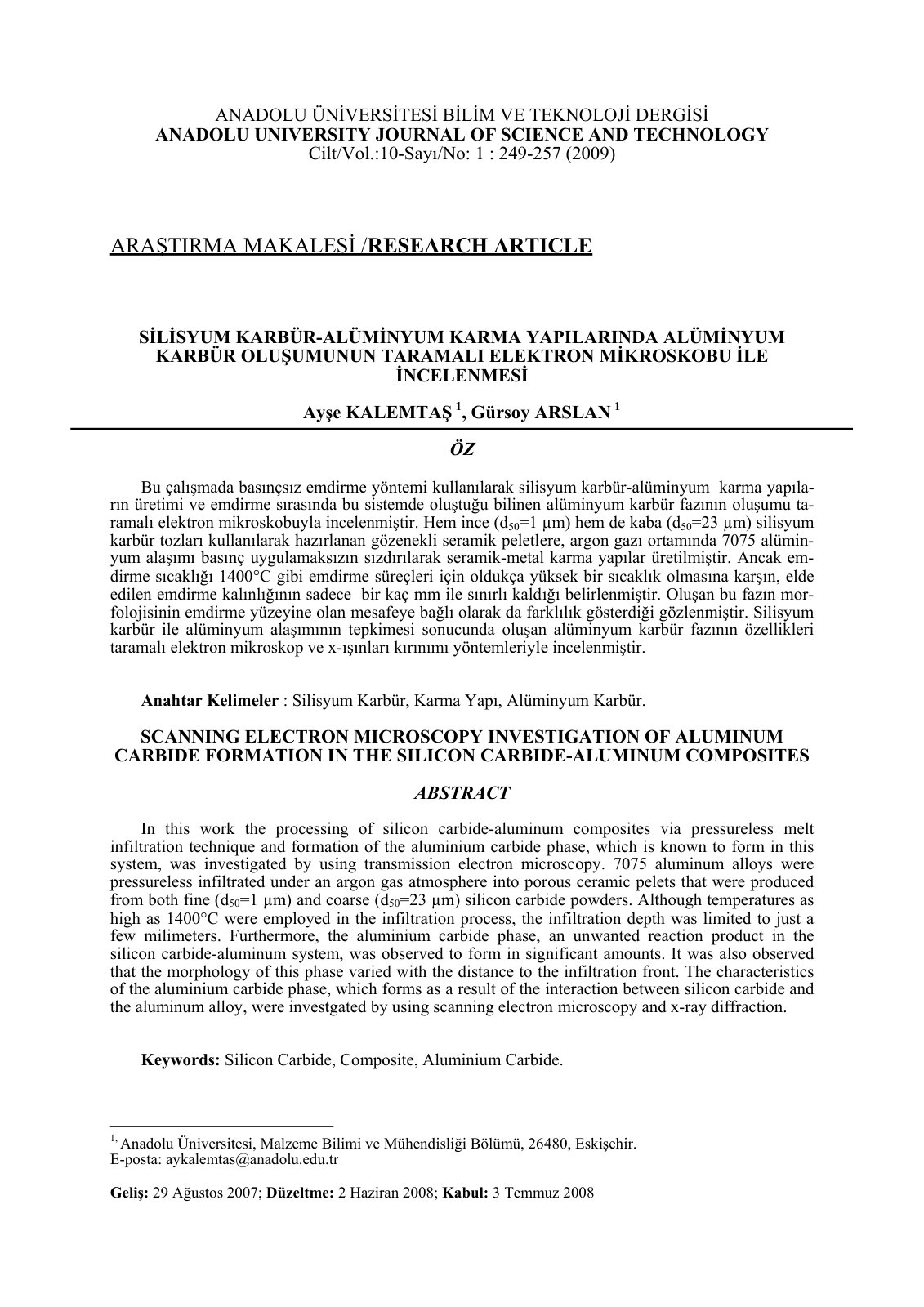 First page of SİLİSYUM KARBÜR-ALÜMİNYUM KARMA YAPILARINDA ALÜMİNYUM KARBÜR OLUŞUMUNUN TARAMALI ELEKTRON MİKROSKOBU İLE İNCELENMESİ