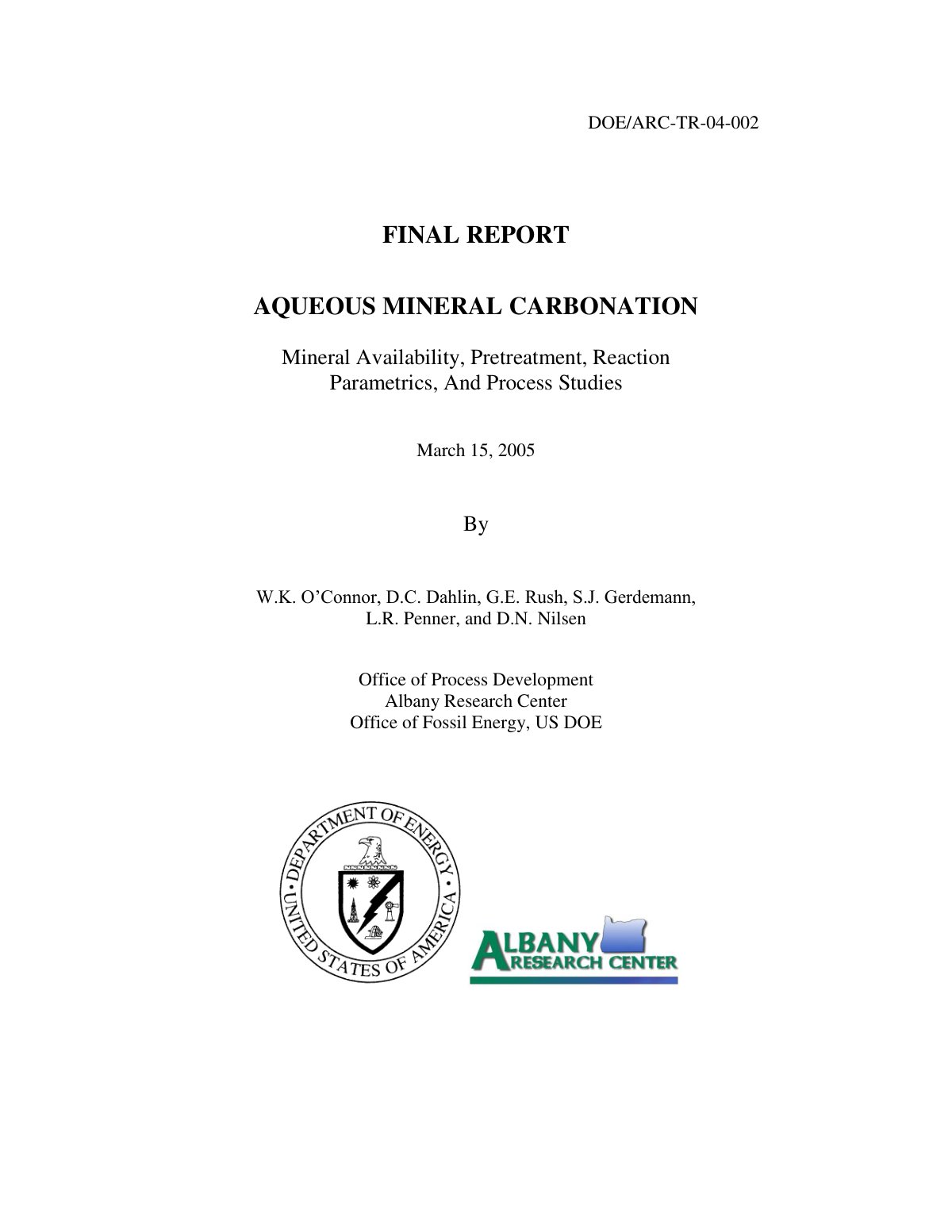 First page of Aqueous Mineral Carbonation Mineral Avai