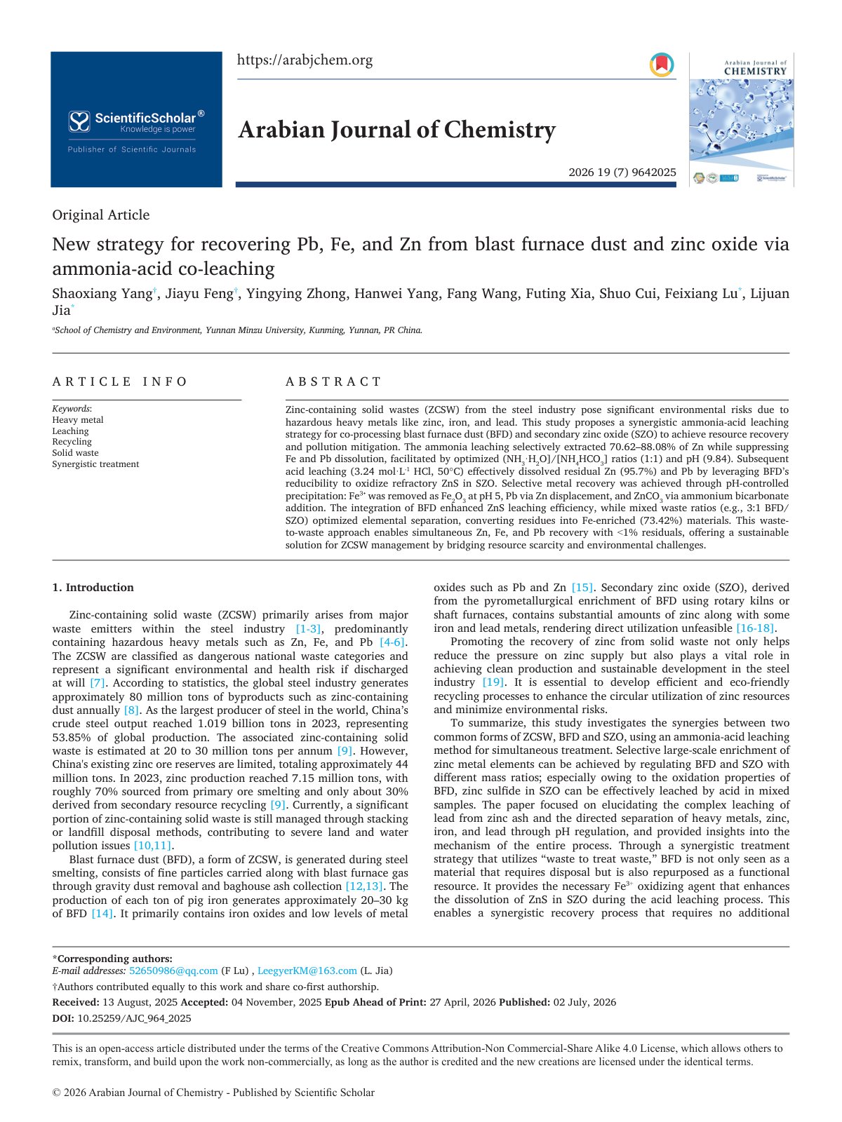 First page of New strategy for recovering Pb, Fe, and Zn from blast furnace dust and zinc oxide via ammonia-acid co-leaching