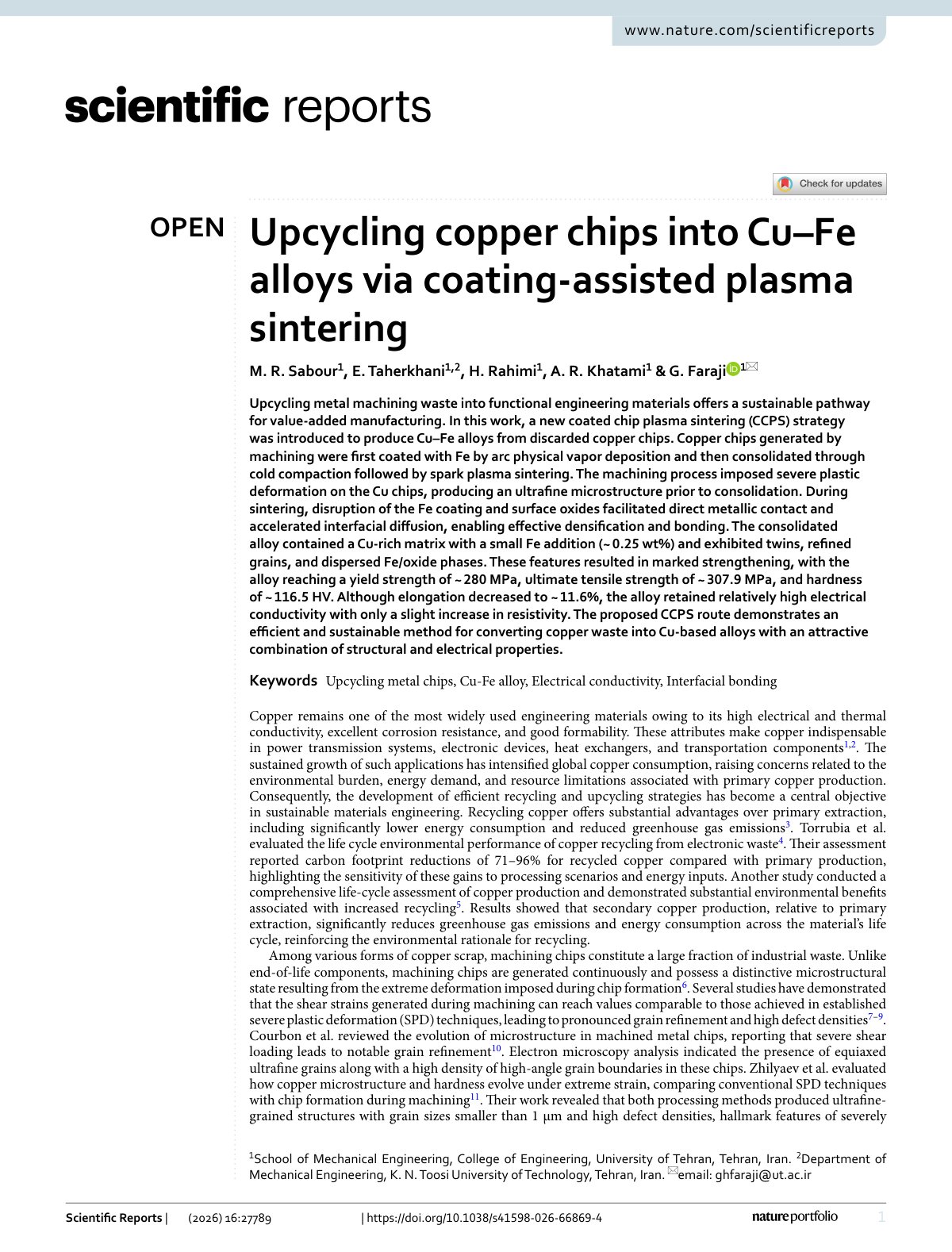 First page of Upcycling copper chips into Cu–Fe alloys via coating-assisted plasma sintering