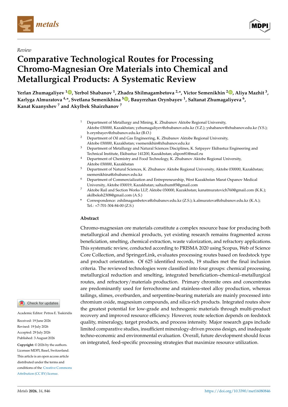 First page of Comparative Technological Routes for Processing Chromo-Magnesian Ore Materials into Chemical and Metallurgical Products: A Systematic Review
