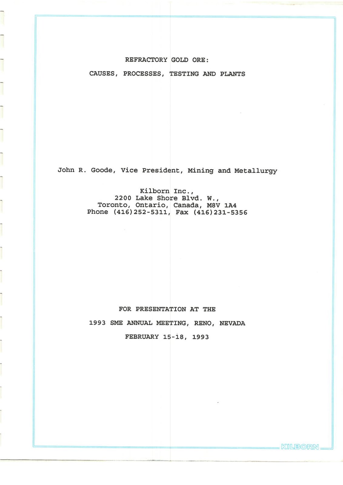 First page of Refractory Gold Ore   Cause, Processes, Testing and plants   JR Goode