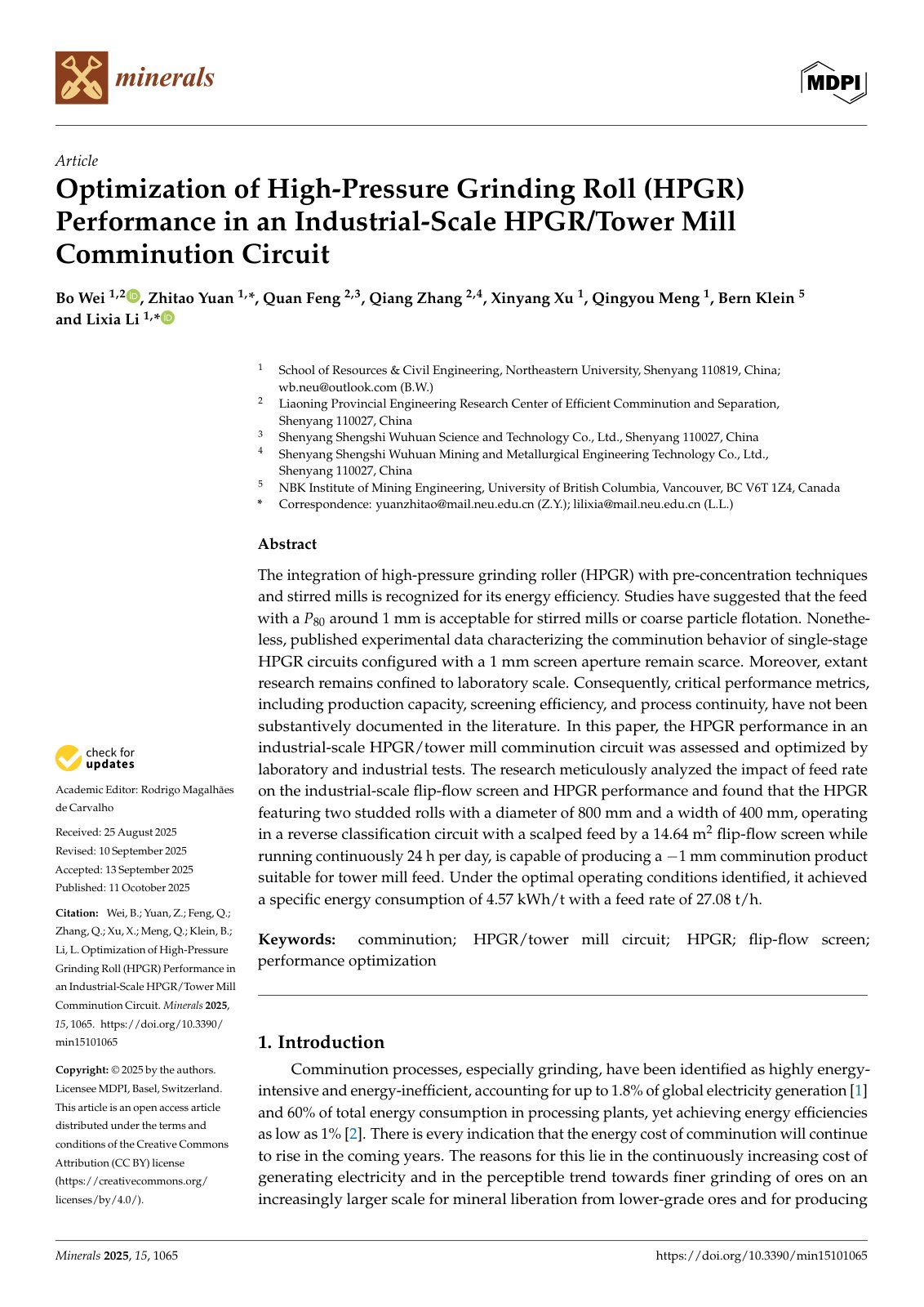 First page of Optimization of High-Pressure Grinding Roll (HPGR) Performance in an Industrial-Scale HPGR/Tower Mill Comminution Circuit