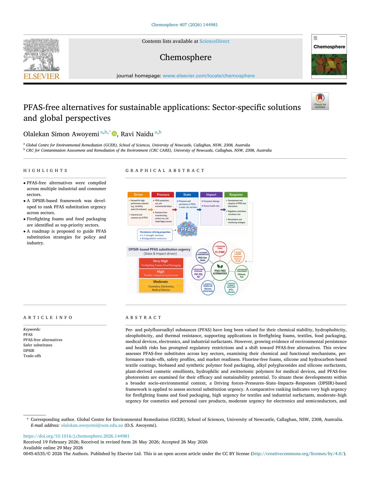 First page of PFAS free alternatives for sustainable applications  Sector spec 2026 Chemos