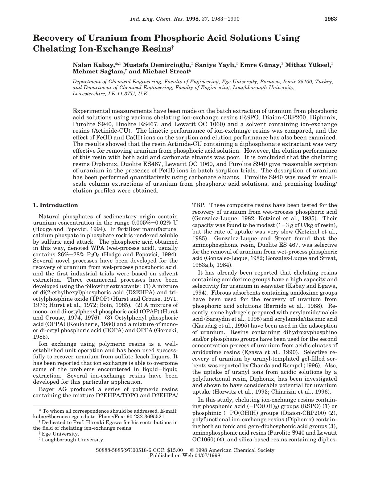 First page of Recovery of Uranium from Phosphoric Acid Solutions Using Chelating Ion-Exchange Resins