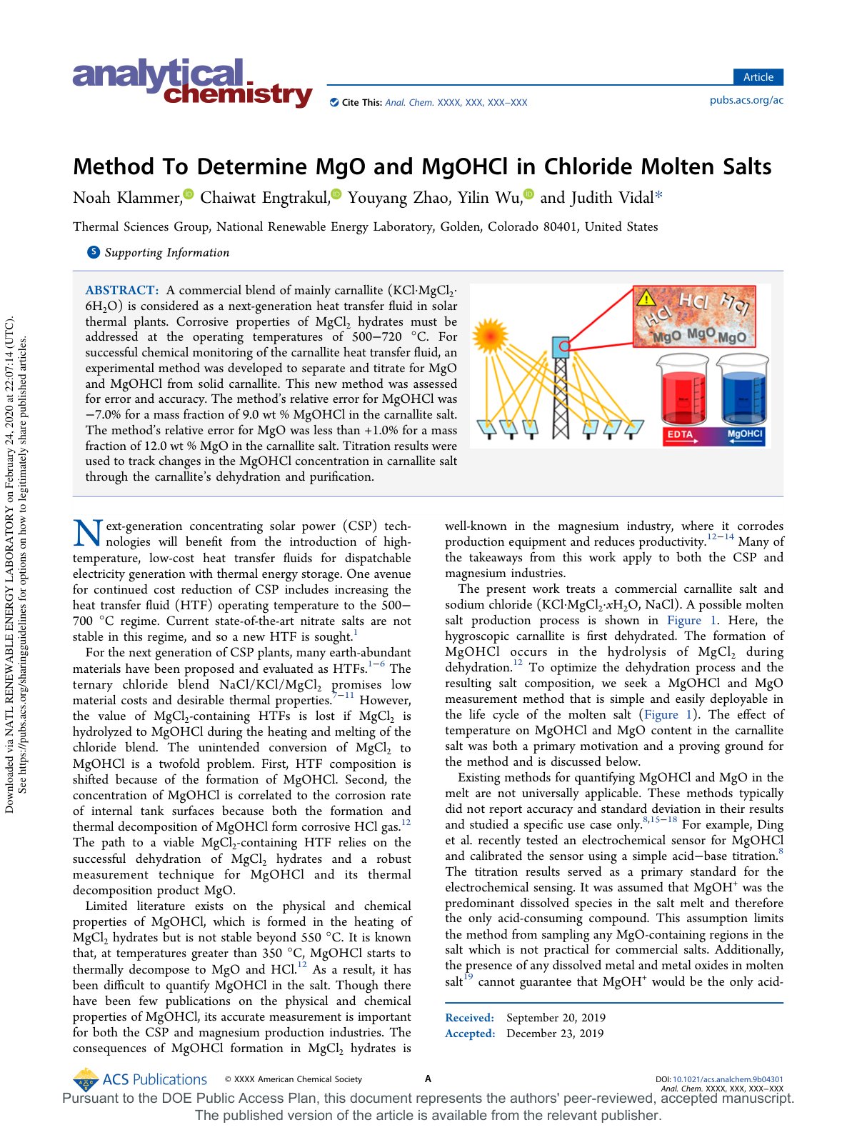 First page of Method To Determine MgO and MgOHCl in Chloride Molten Salts
