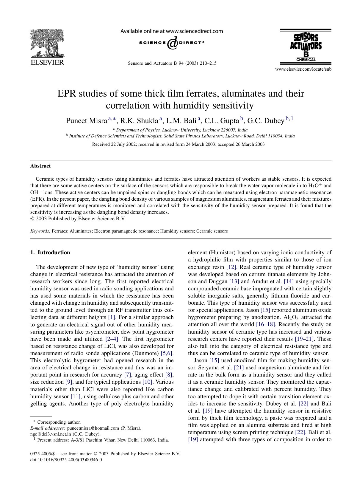 First page of EPR studies of some thick film ferrates