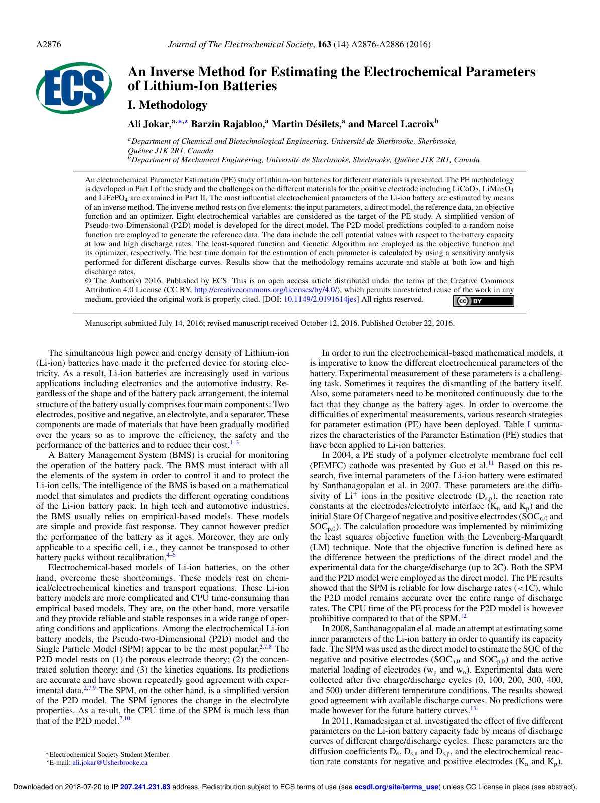 First page of An Inverse Method for Estimating the Electrochemical Parameters of Lithium-Ion Batteries