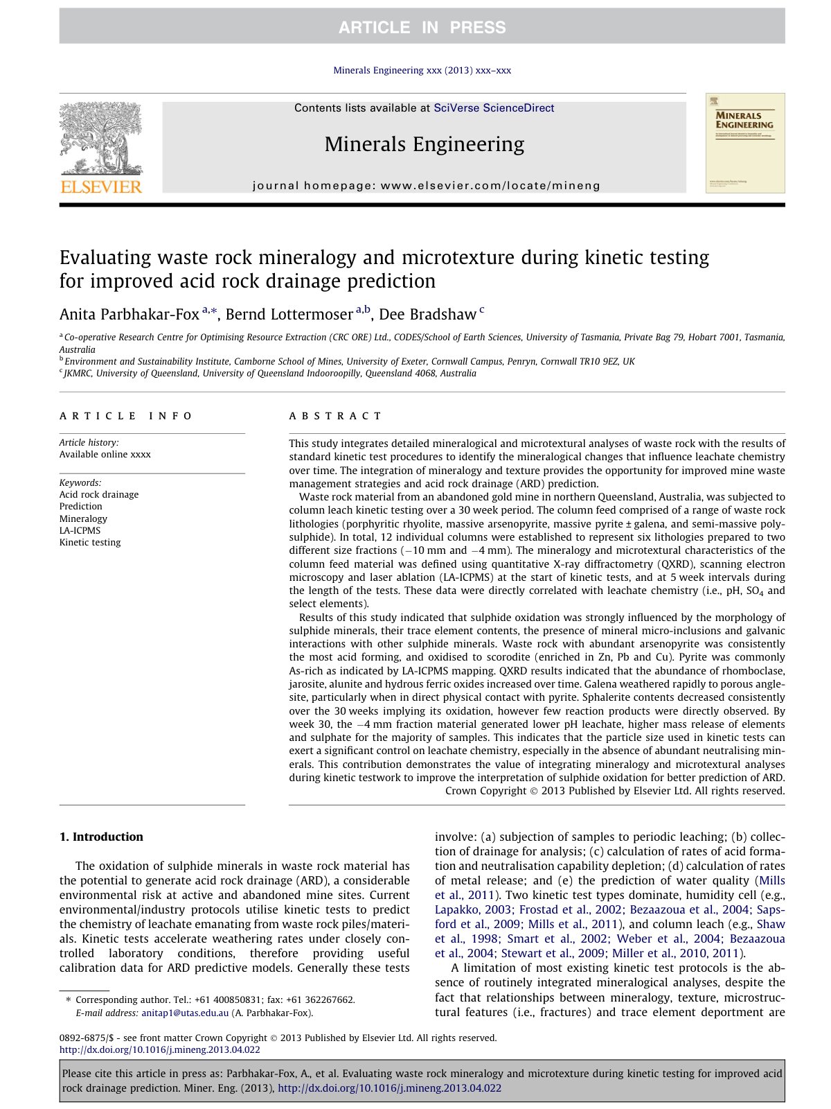 First page of Evaluating waste rock mineralogy and microtexture during kinetic testing for improved acid rock drainage prediction