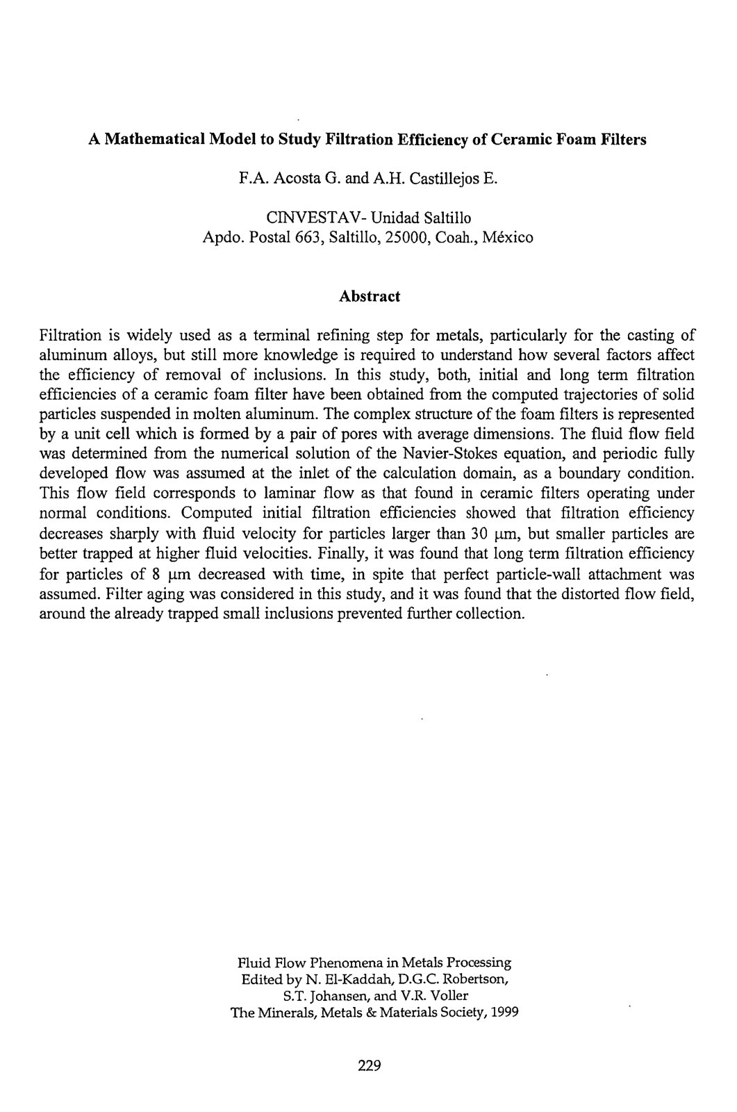 First page of A Mathematical Model to Study Filtration Efficiency of Ceramic Foam Filters