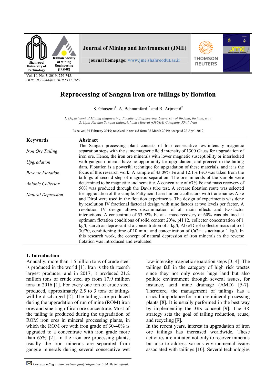 First page of Reprocessing of Sangan iron ore tailings by flotation
